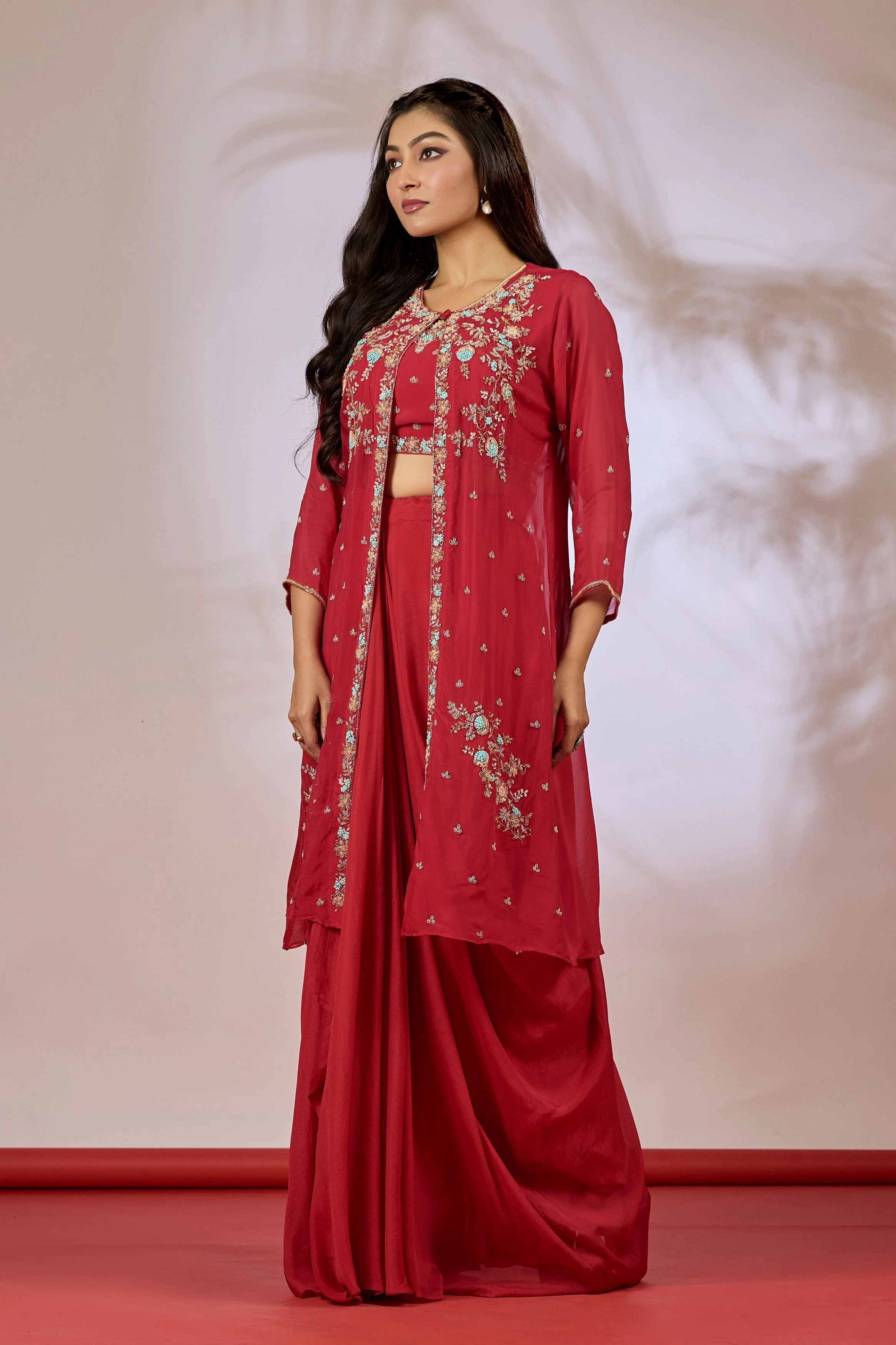 Rose Red Embellished Chinon Silk Cape Set - Image 4