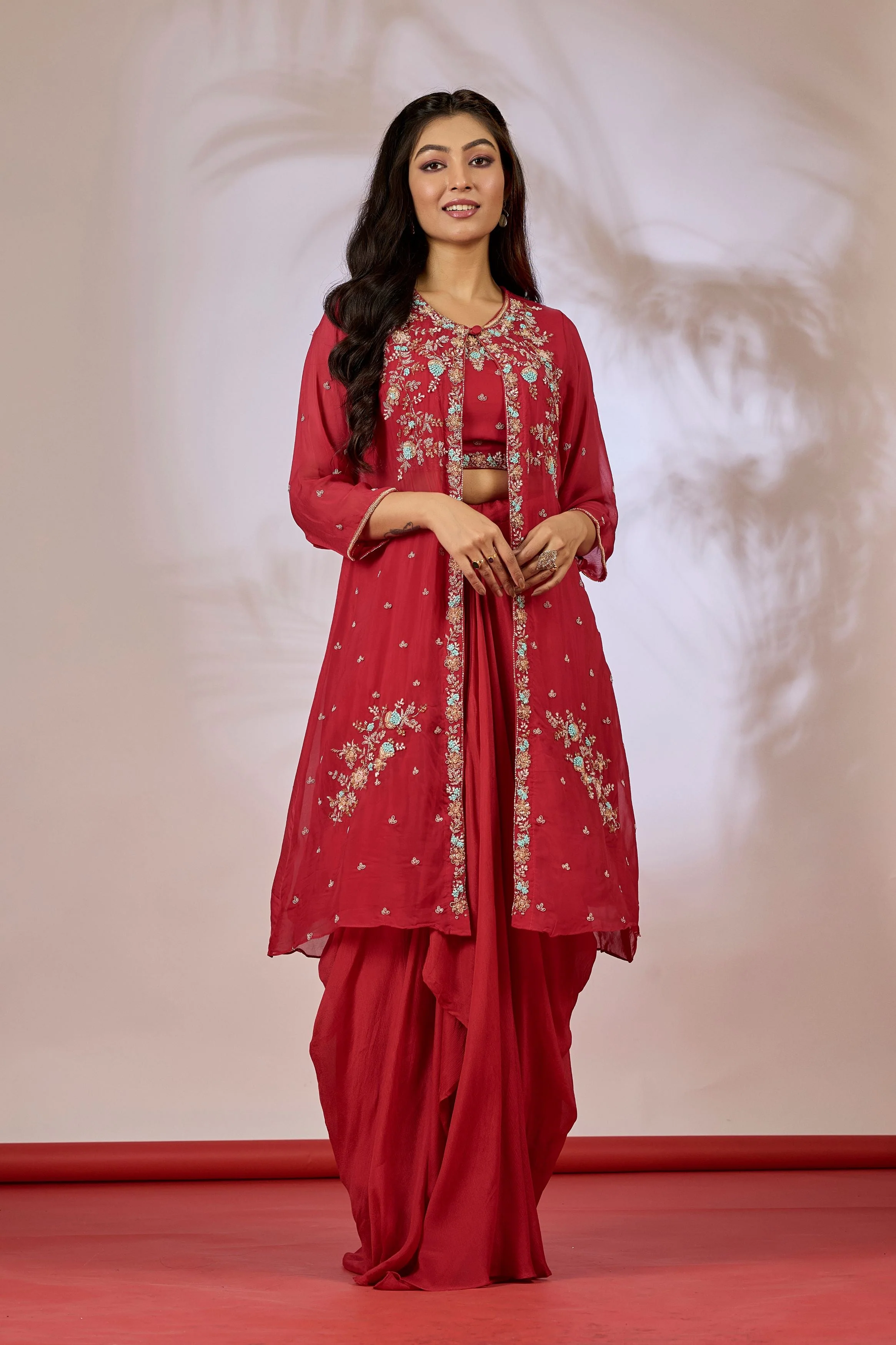Rose Red Embellished Chinon Silk Cape Set - Image 5