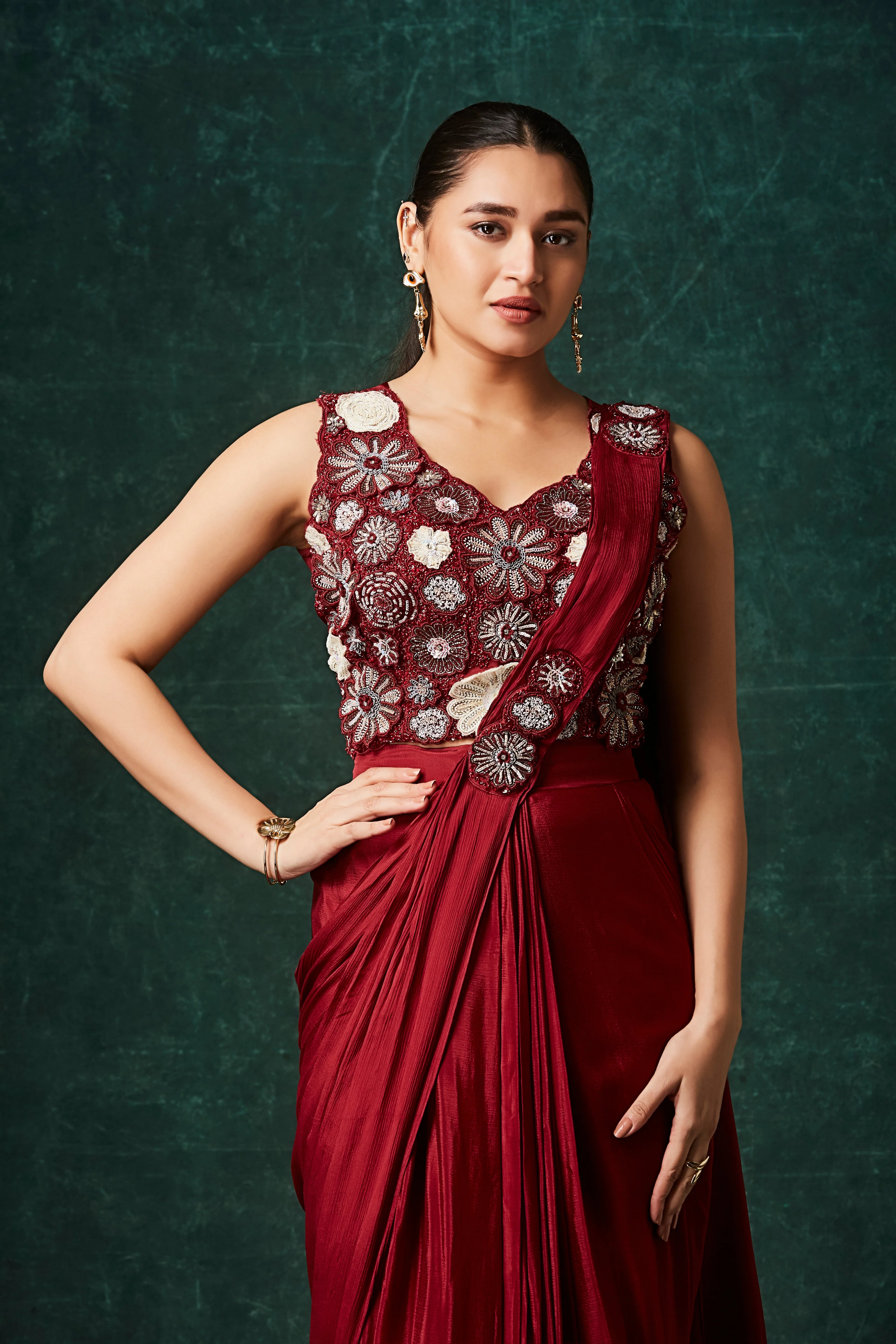 Vibrant Red Embellished Chinon Silk Drape Saree - Image 2