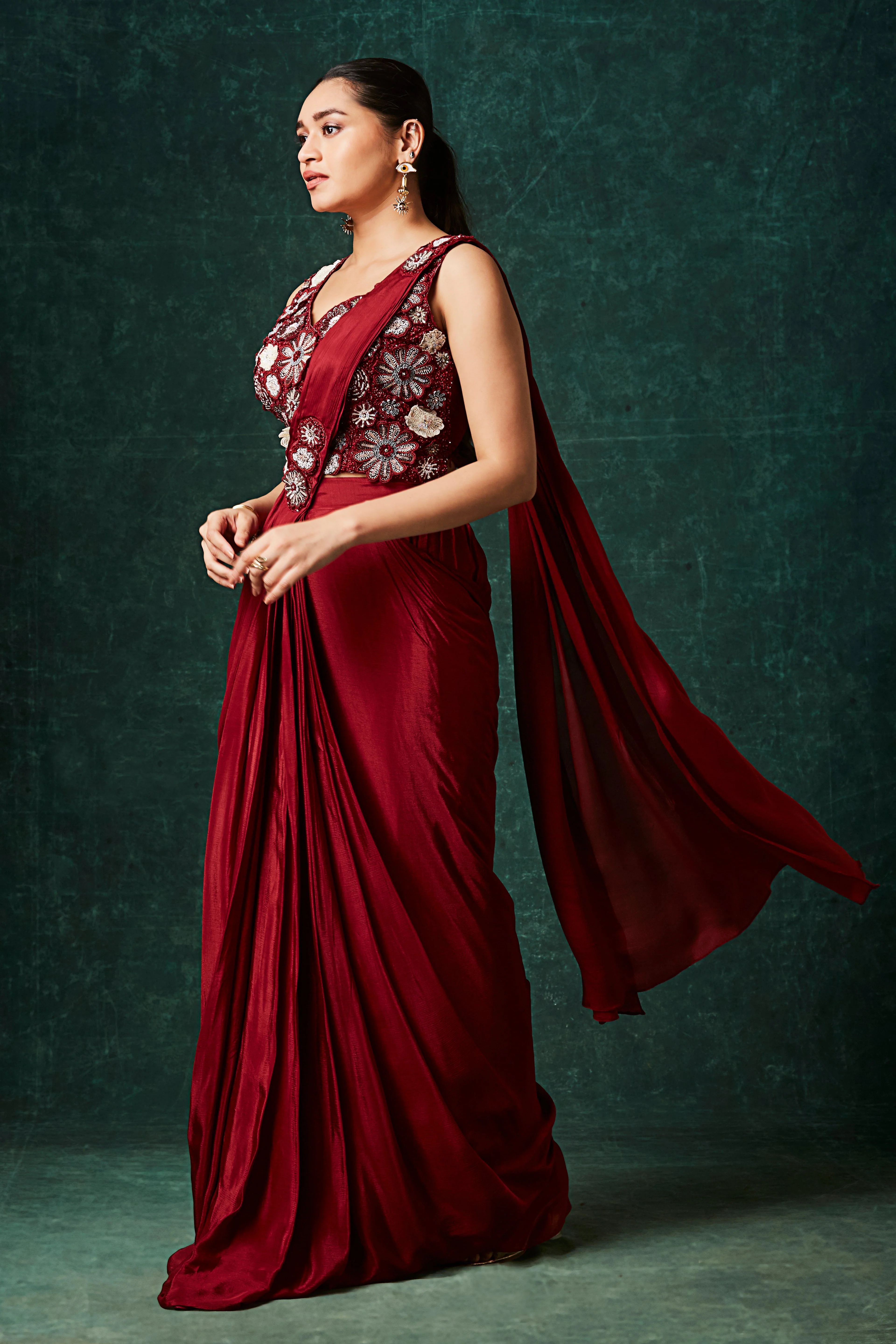 Vibrant Red Embellished Chinon Silk Drape Saree - Image 3