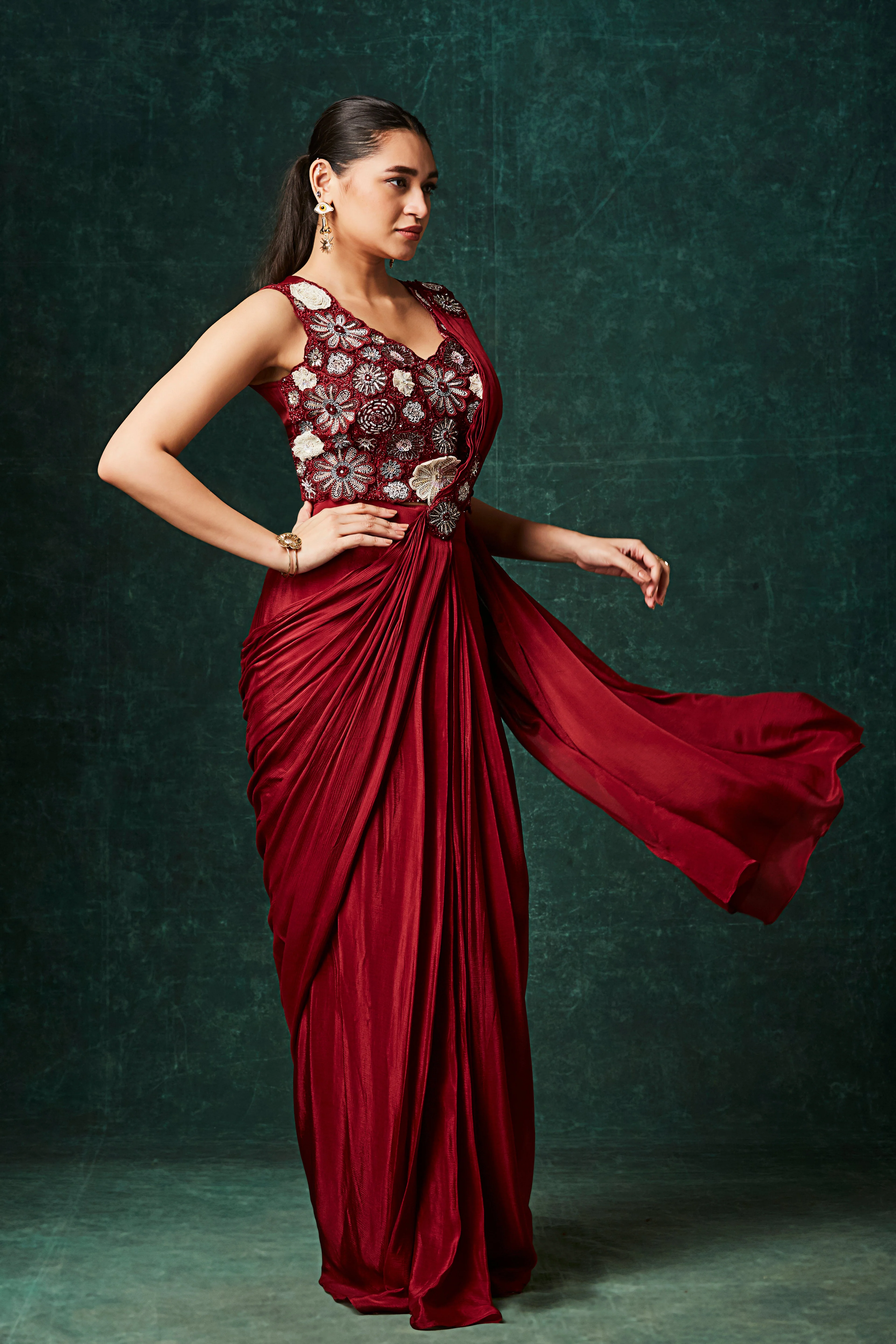 Vibrant Red Embellished Chinon Silk Drape Saree - Image 4