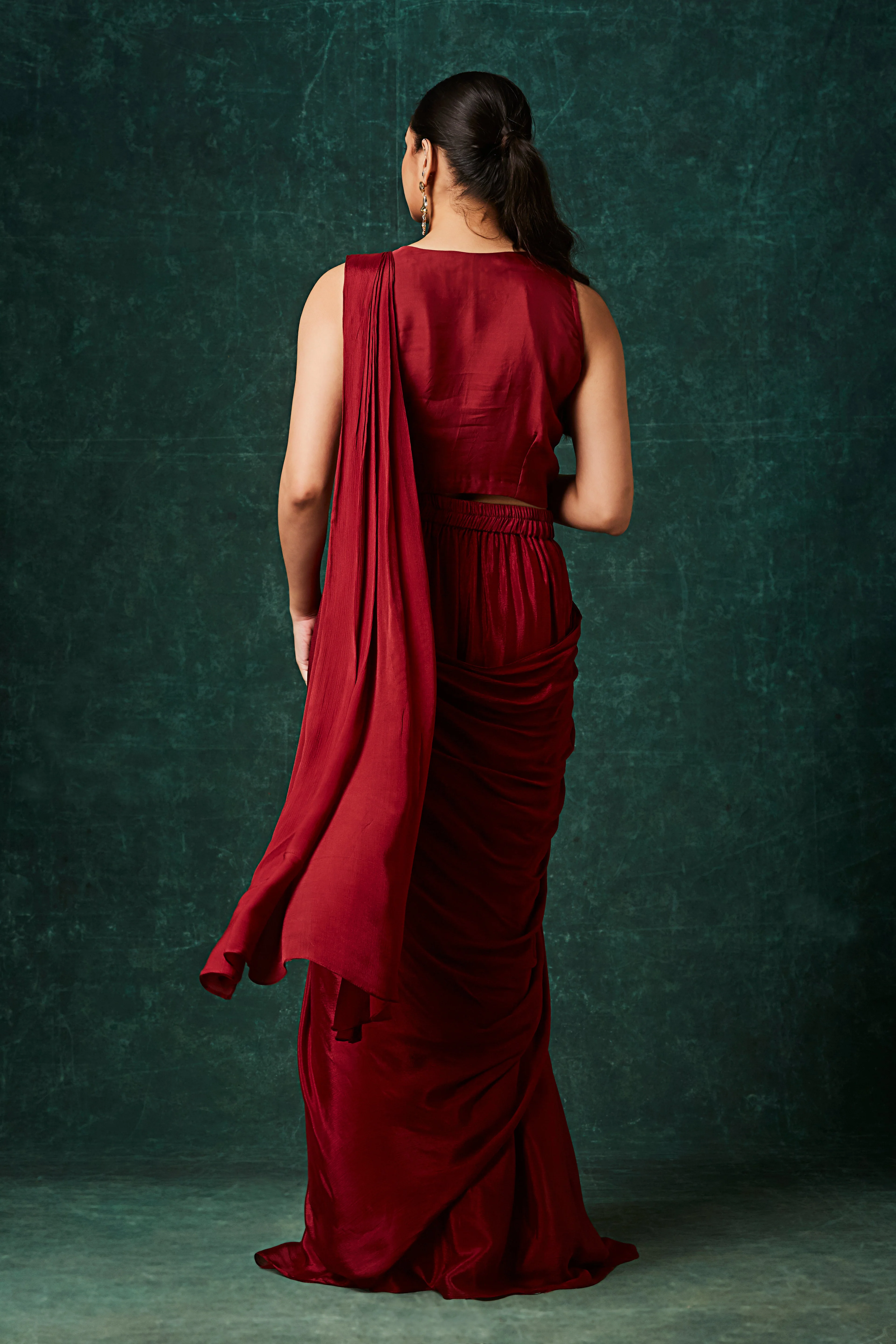 Vibrant Red Embellished Chinon Silk Drape Saree - Image 5