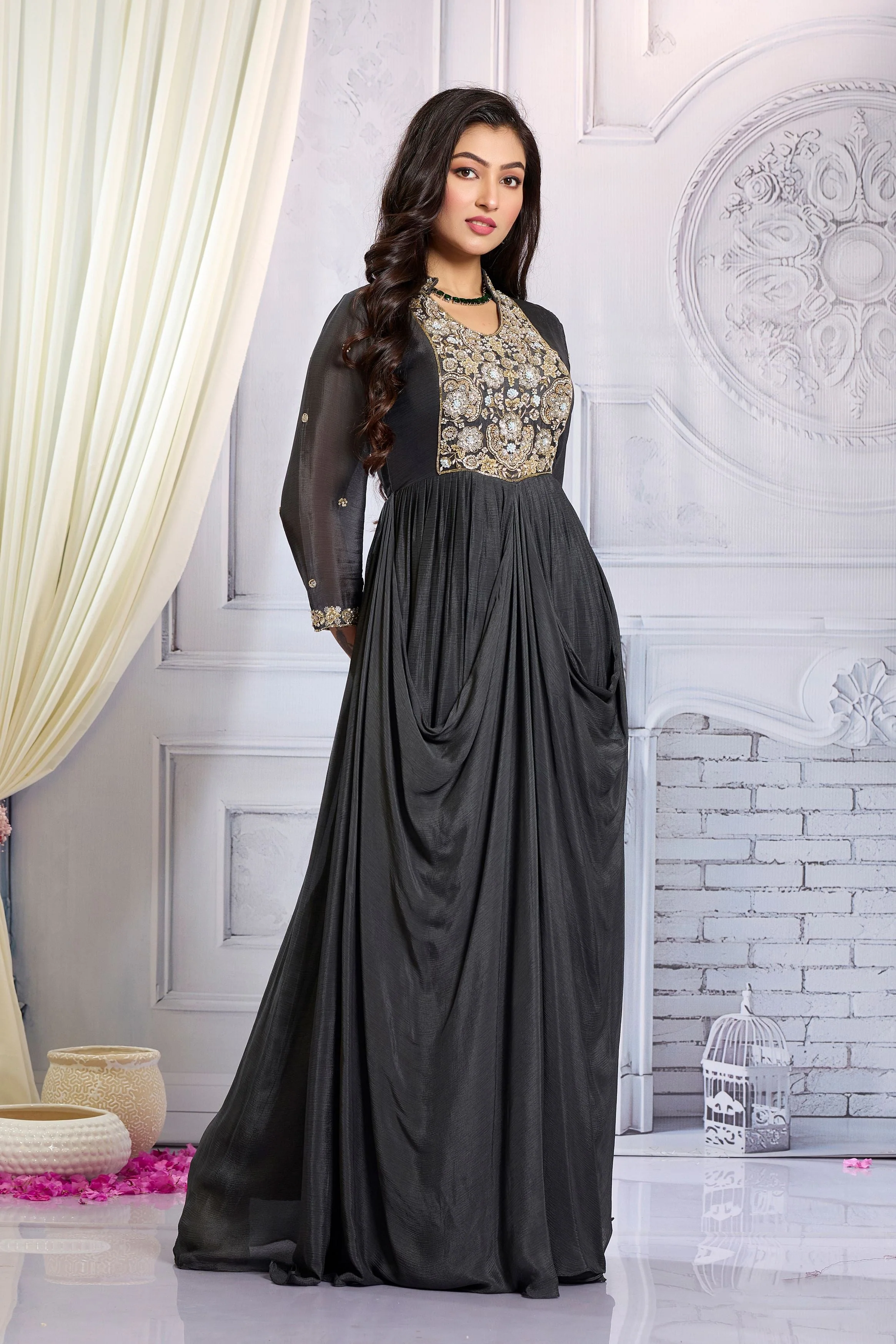 Grey Embellished Chinon Silk Draped Gown - Image 3
