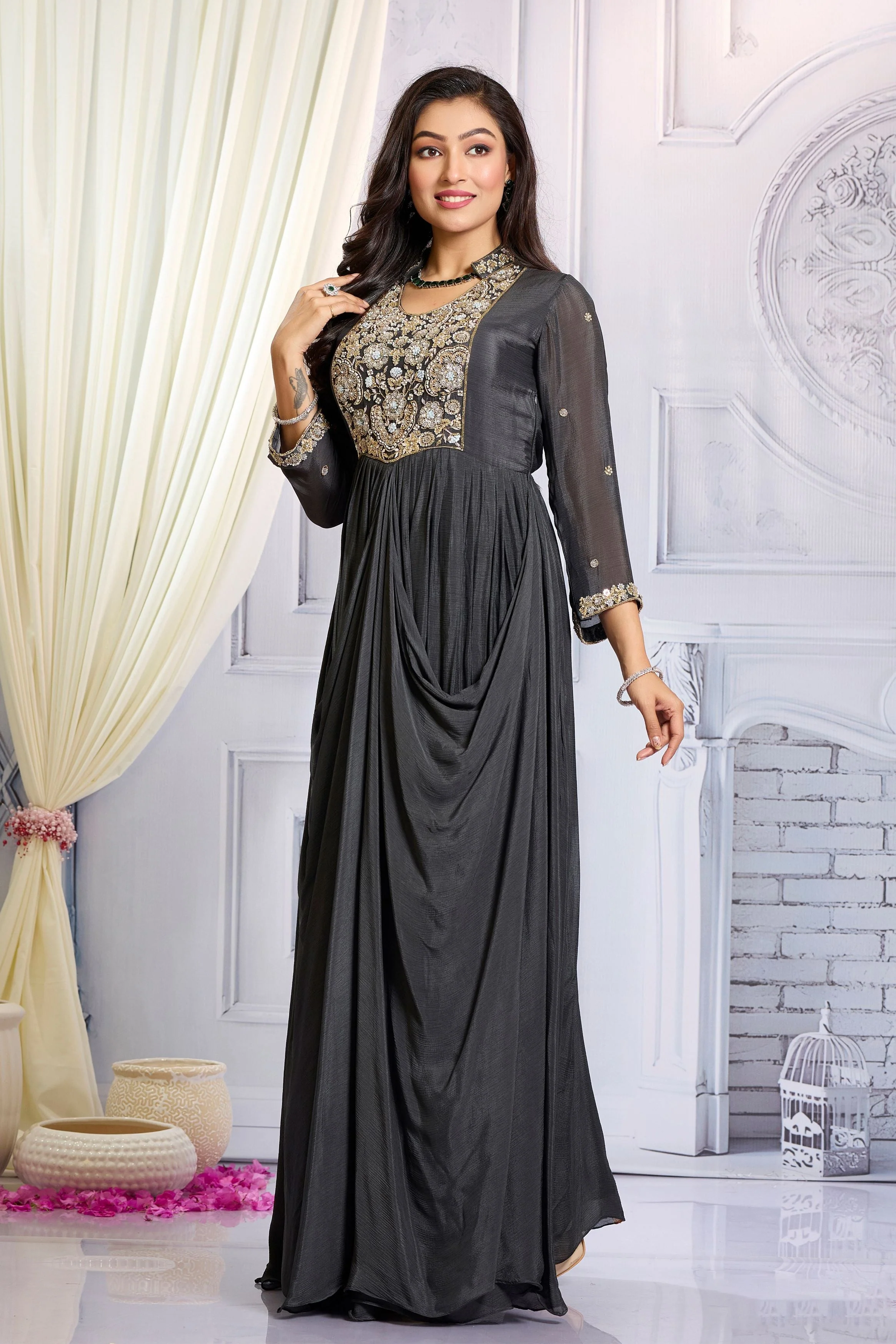 Grey Embellished Chinon Silk Draped Gown - Image 4