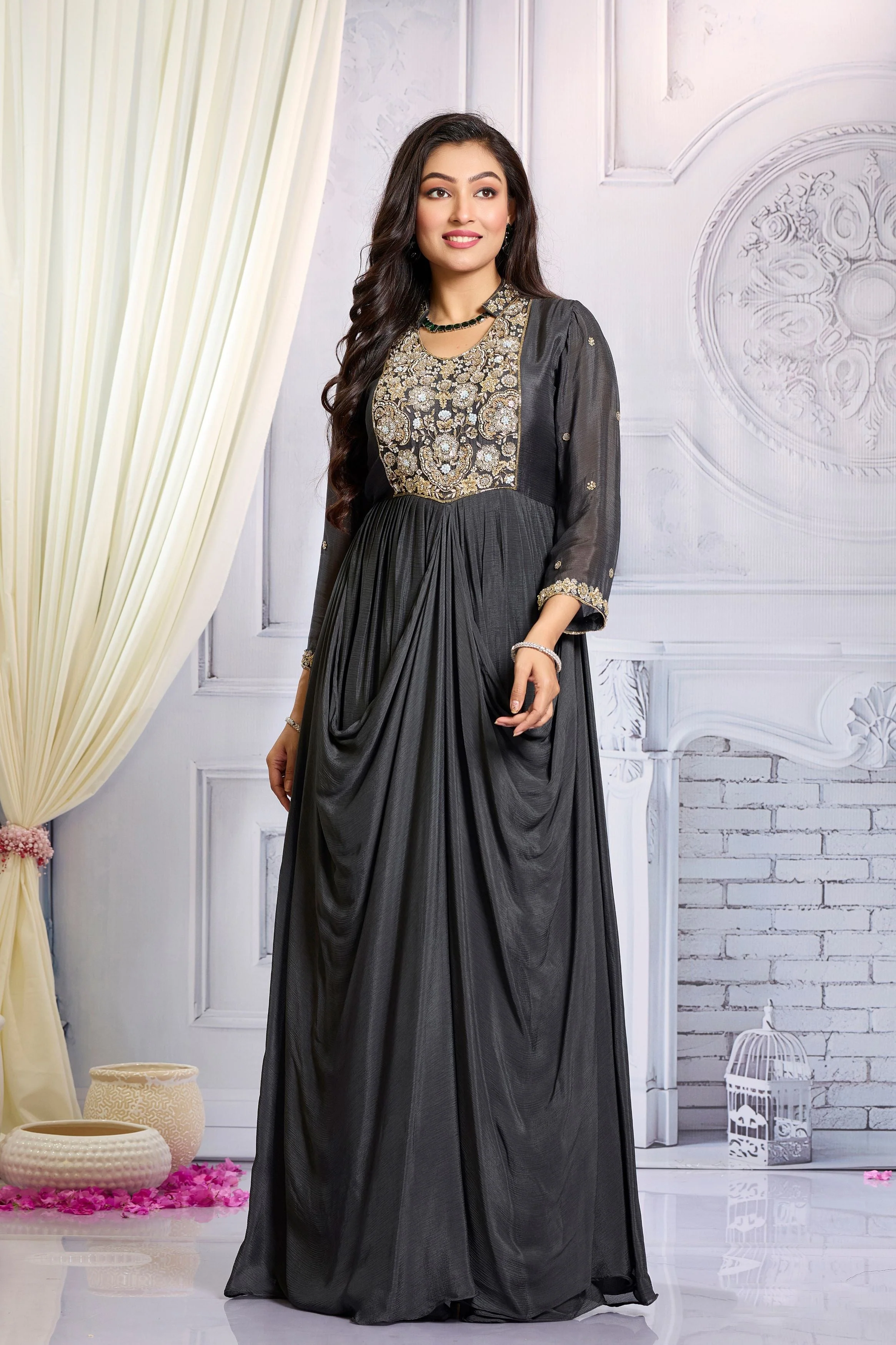 Grey Embellished Chinon Silk Draped Gown - Image 5