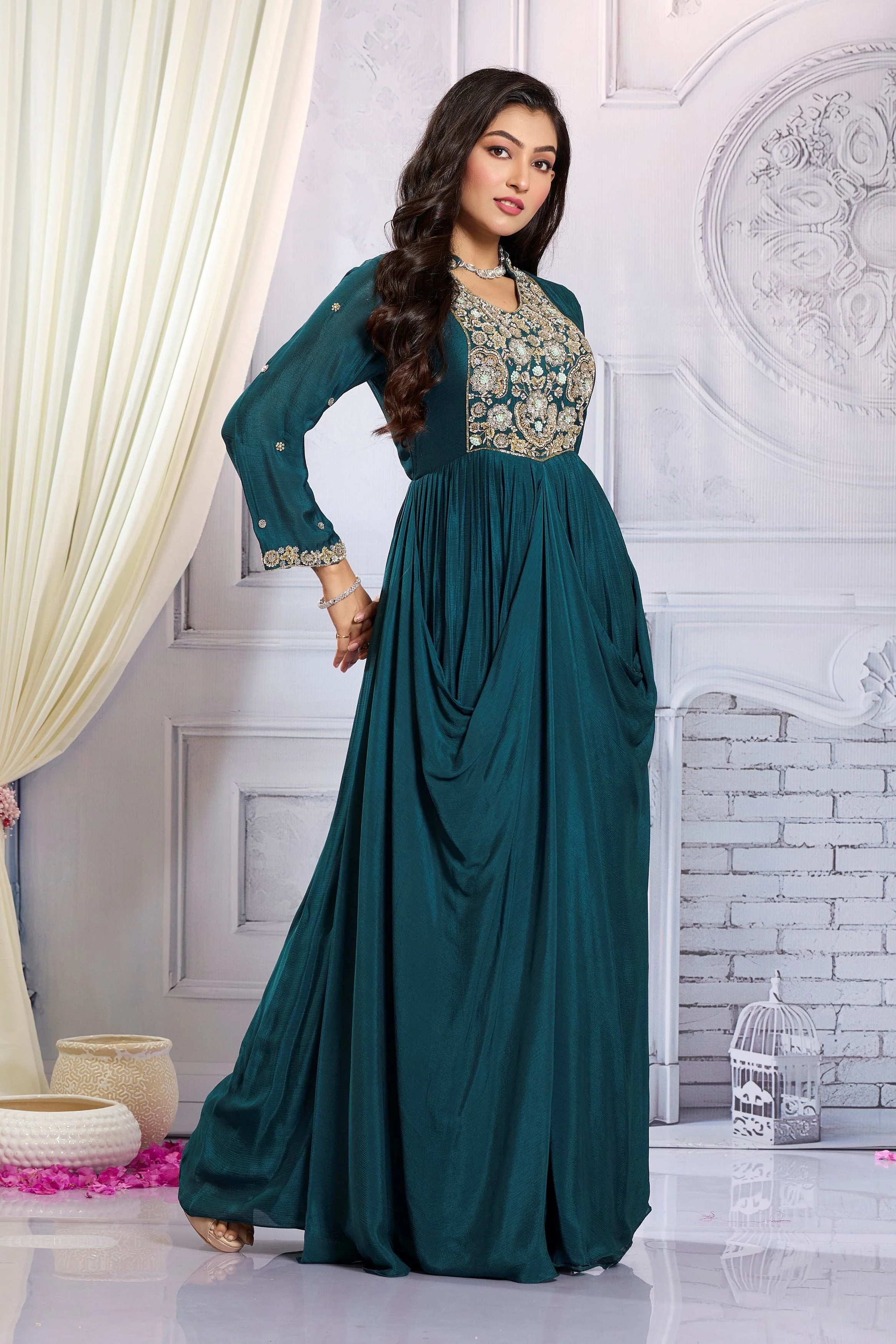 Deep Teal Embellished Chinon Silk Draped Gown - Image 3