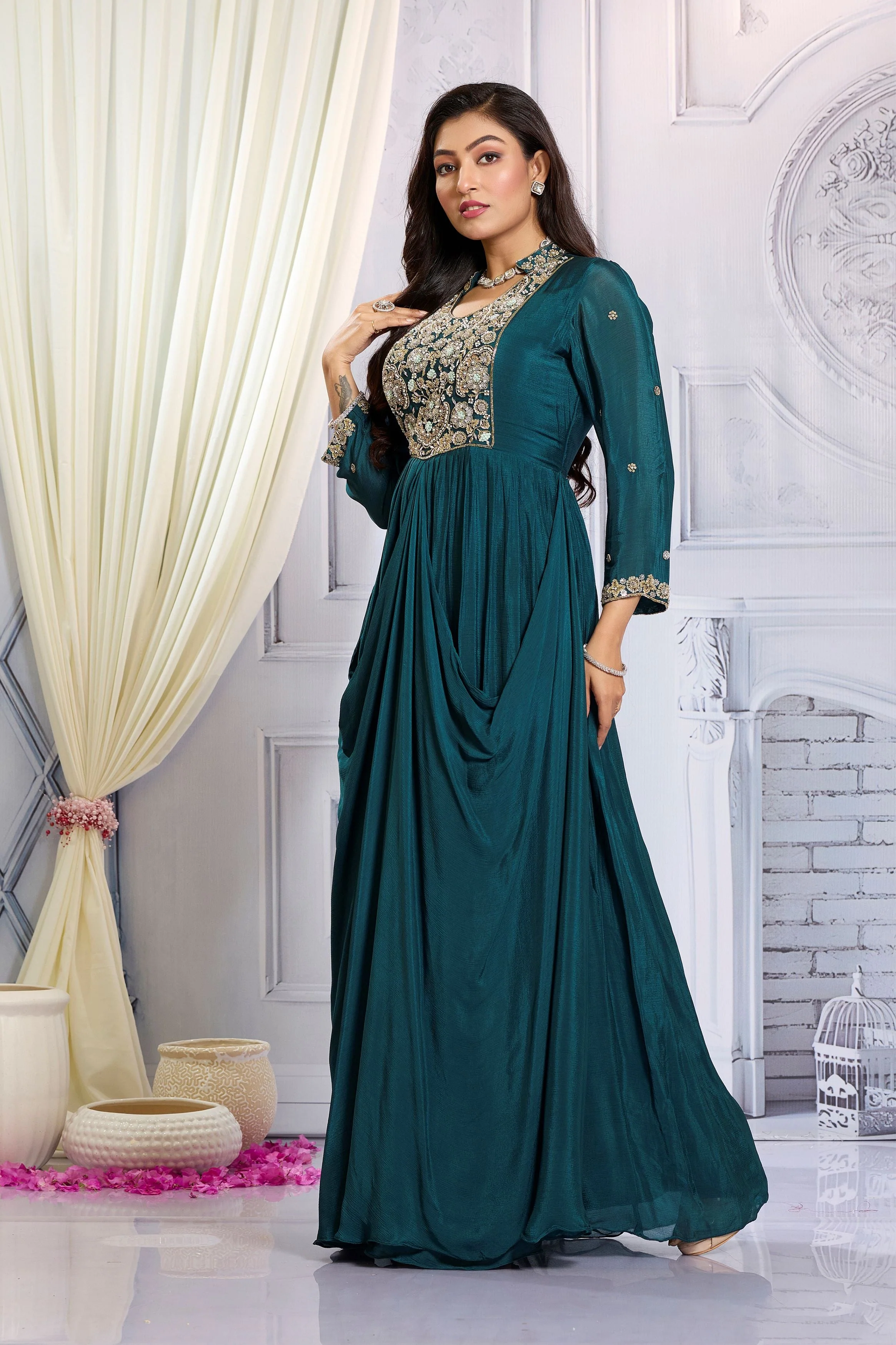 Deep Teal Embellished Chinon Silk Draped Gown - Image 4