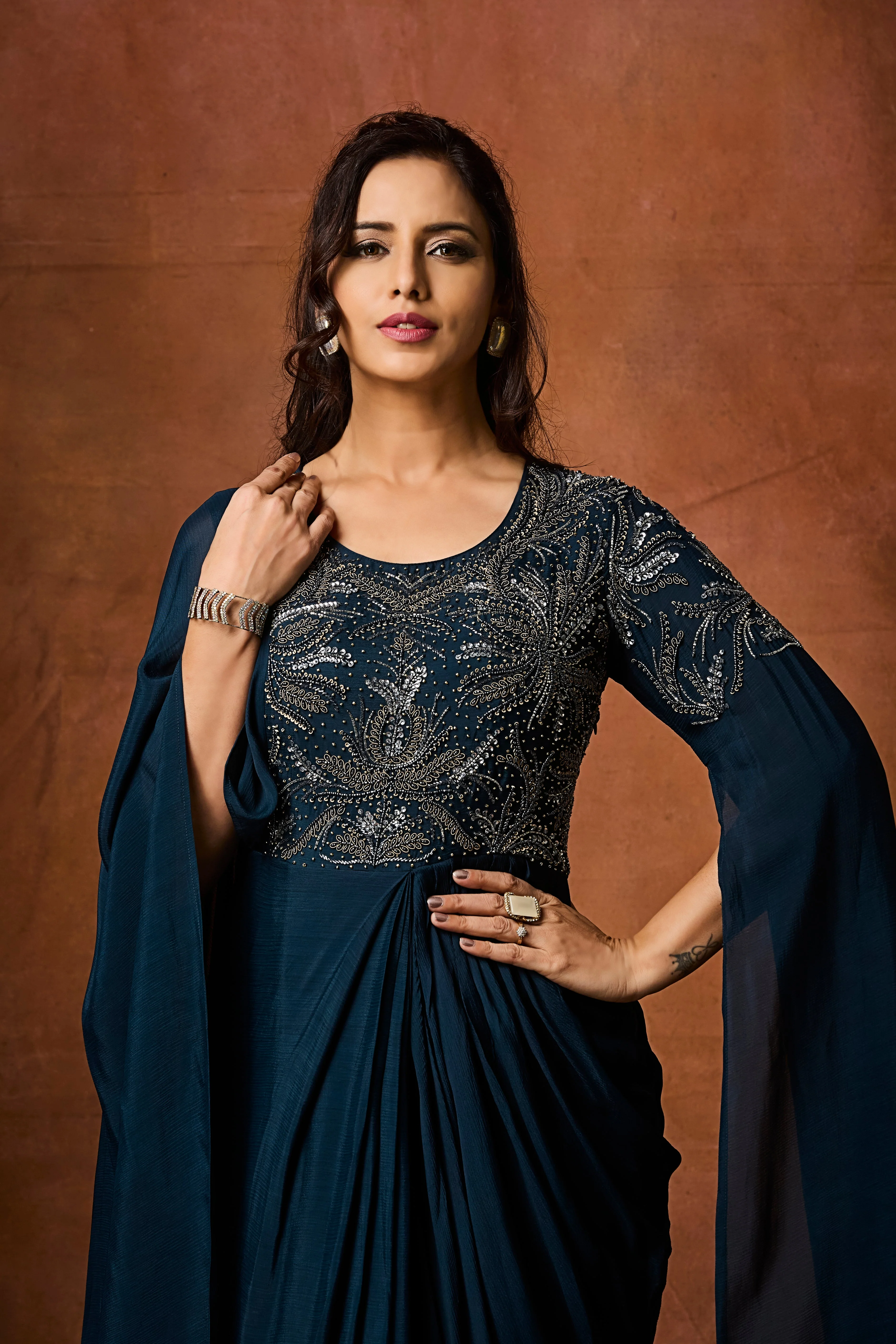 Deep Teal Embellished Chinon Silk Gown - Image 2