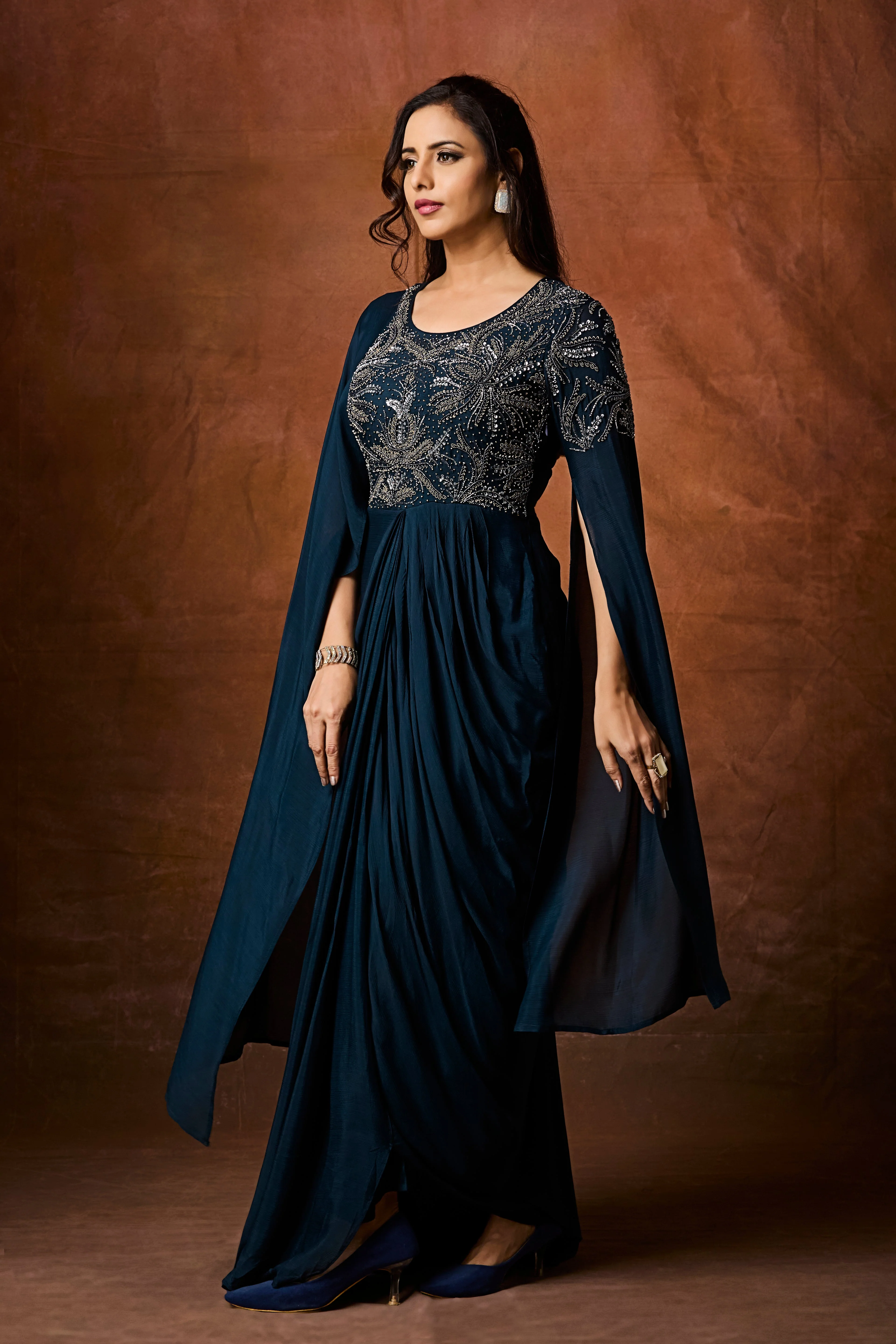 Deep Teal Embellished Chinon Silk Gown - Image 3