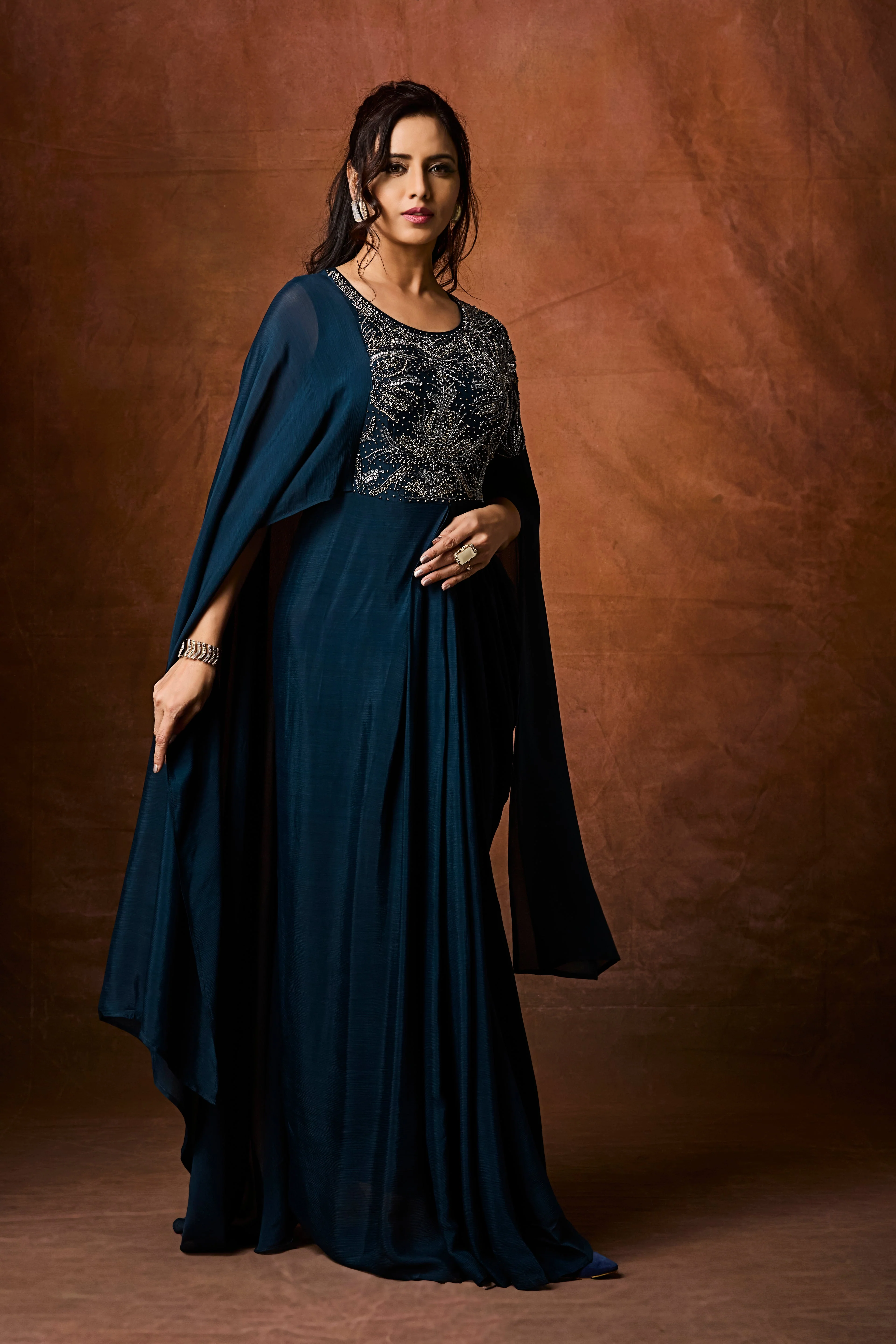 Deep Teal Embellished Chinon Silk Gown - Image 4