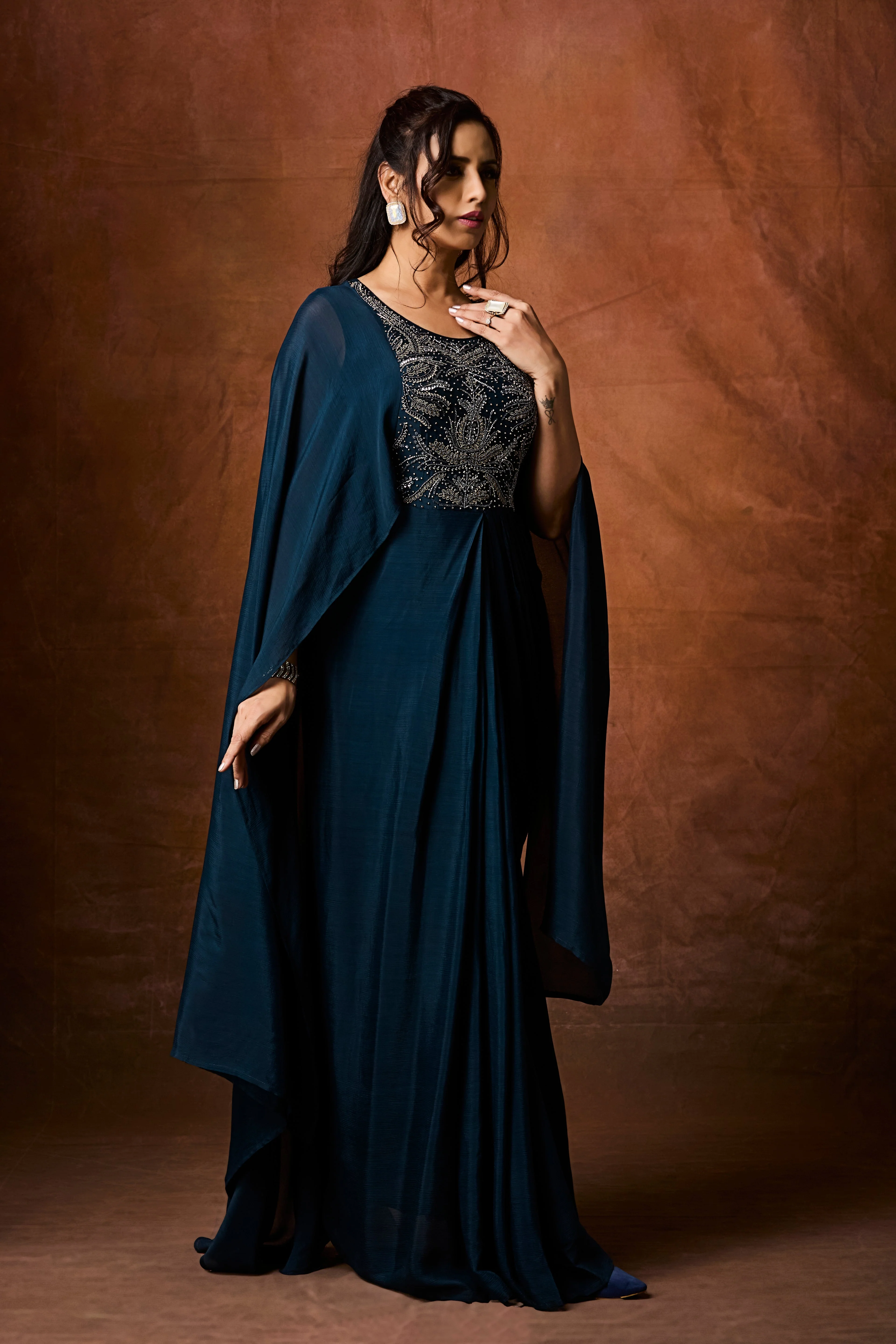 Deep Teal Embellished Chinon Silk Gown - Image 5