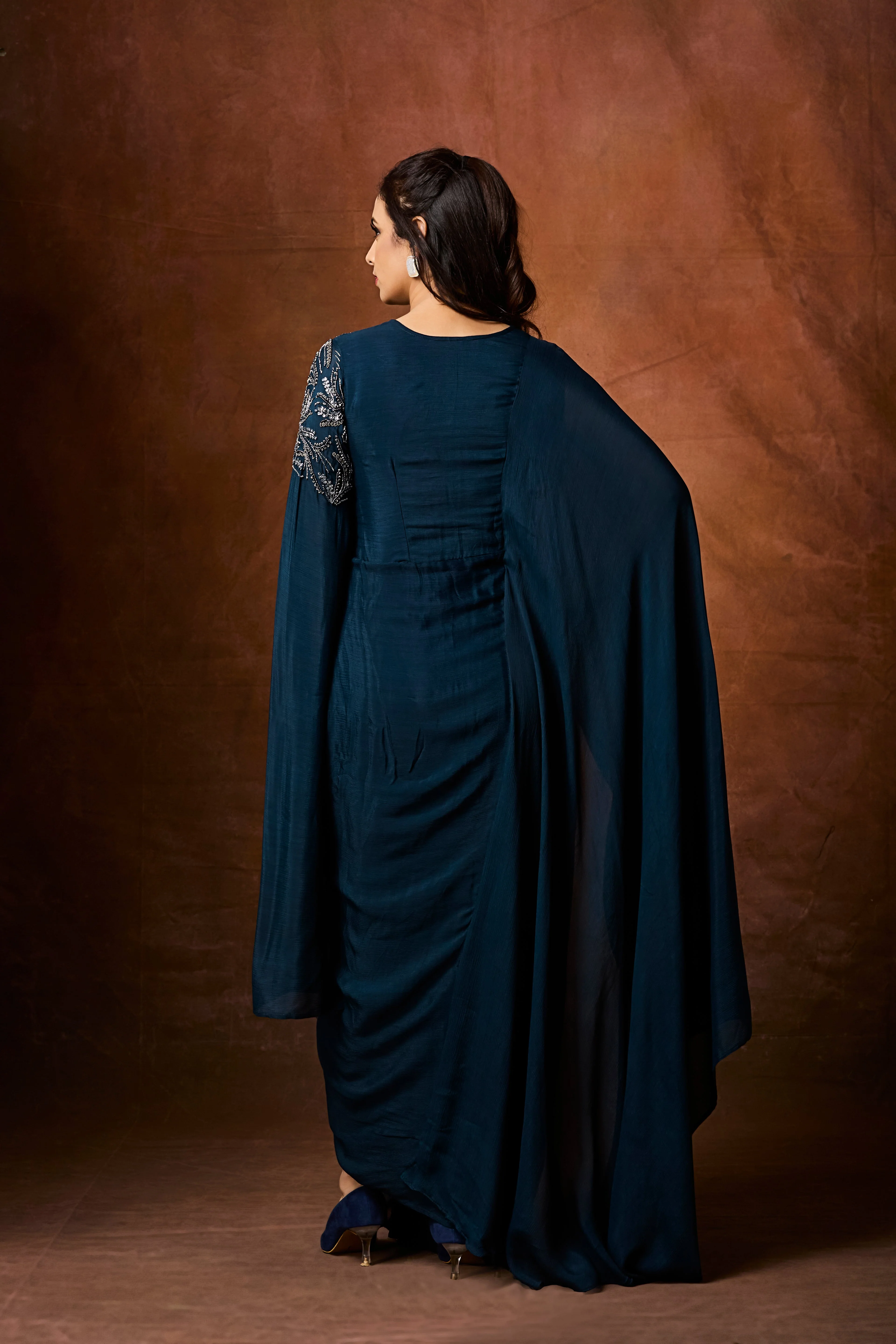 Deep Teal Embellished Chinon Silk Gown - Image 6