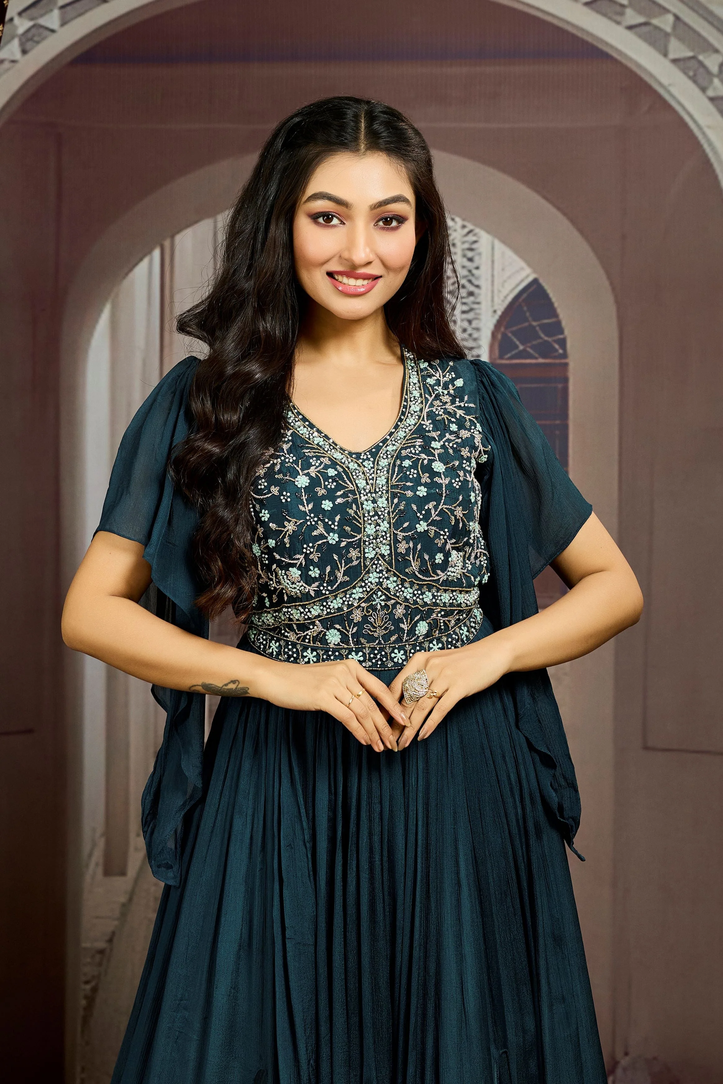 Deep Teal Embellished Chinon Silk Gown - Image 2