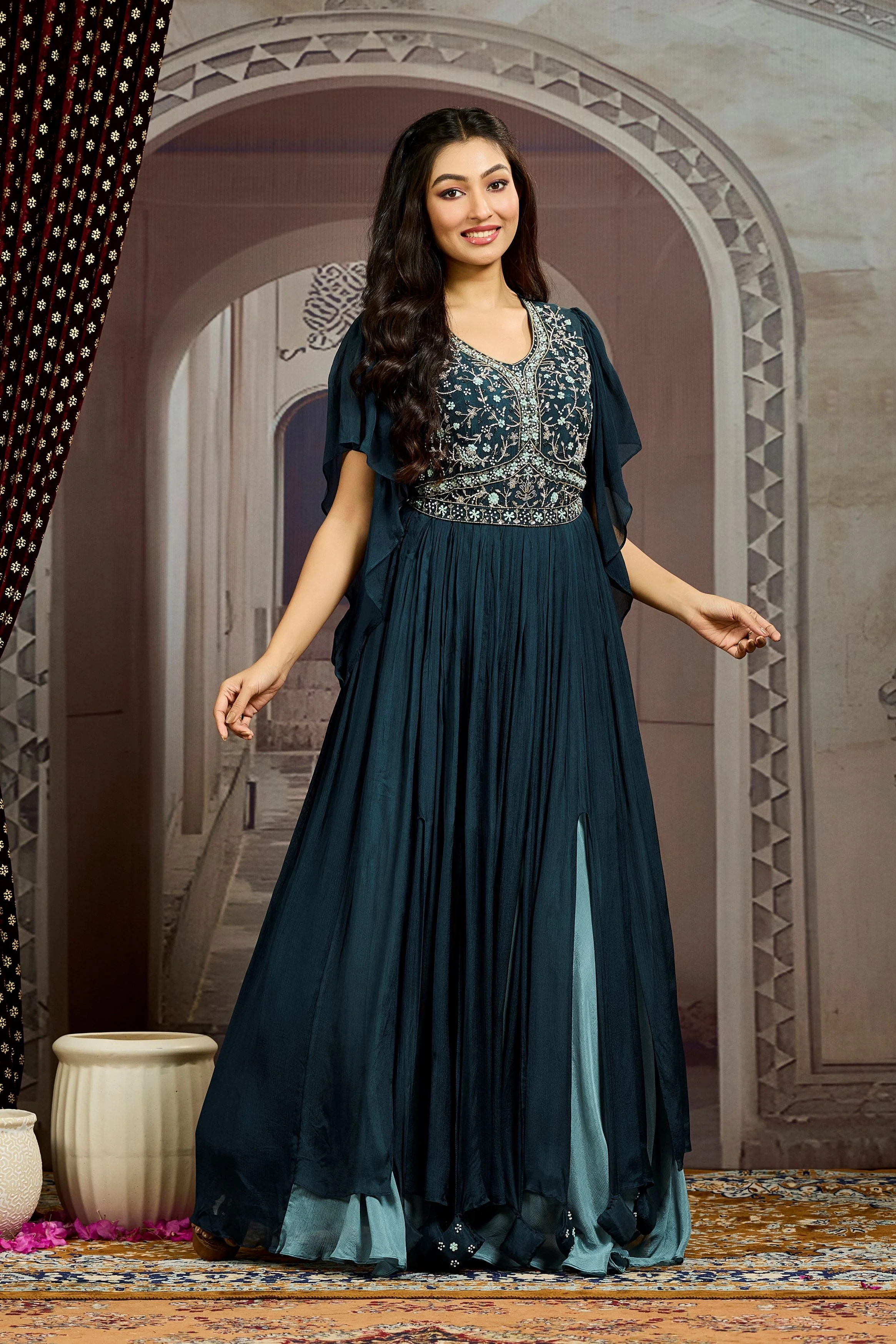 Deep Teal Embellished Chinon Silk Gown - Image 3