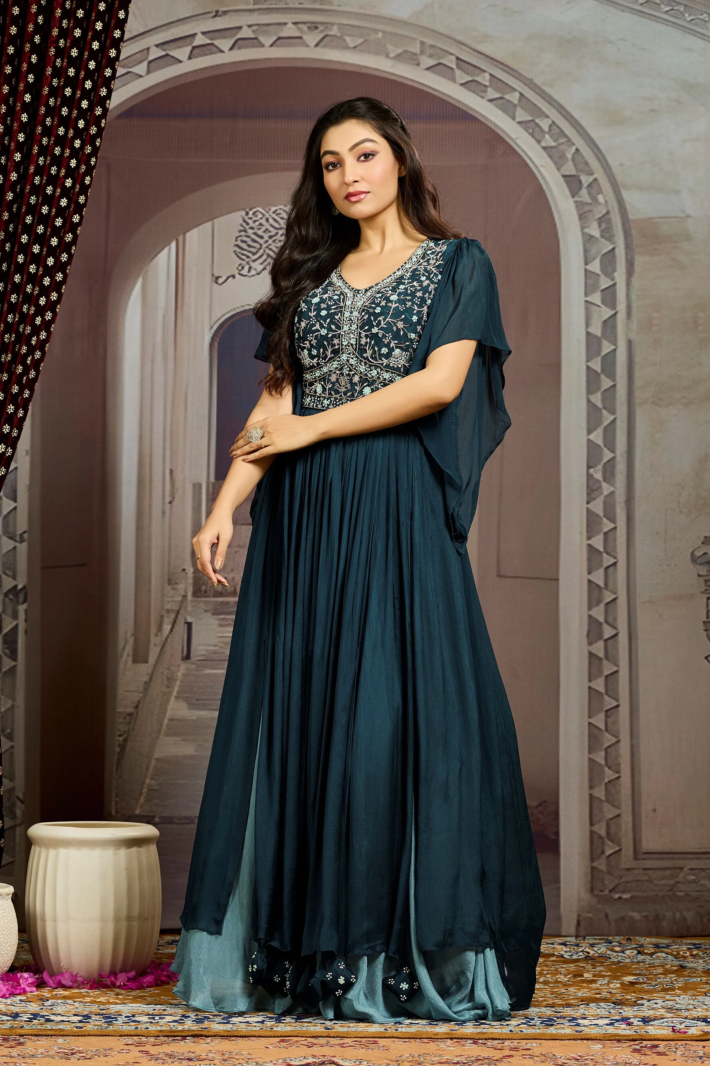 Deep Teal Embellished Chinon Silk Gown - Image 4