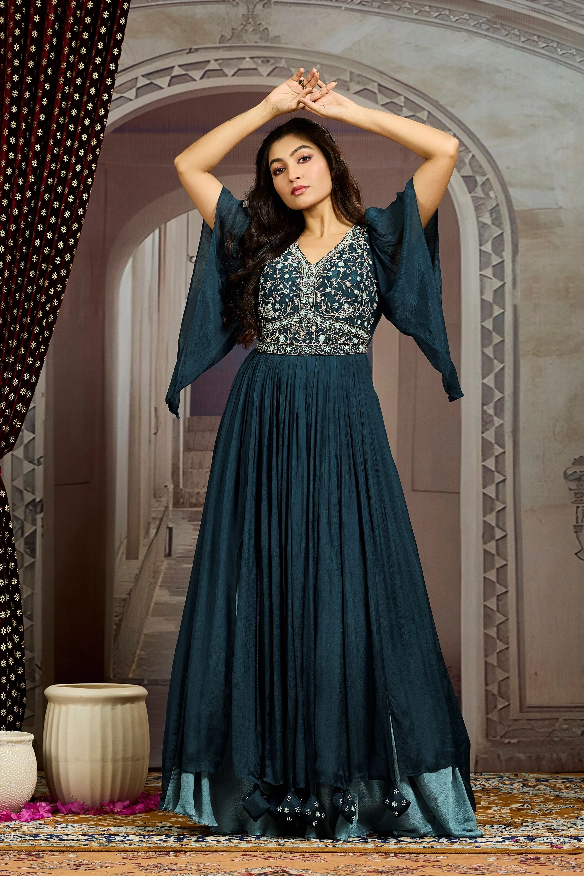 Deep Teal Embellished Chinon Silk Gown - Image 5