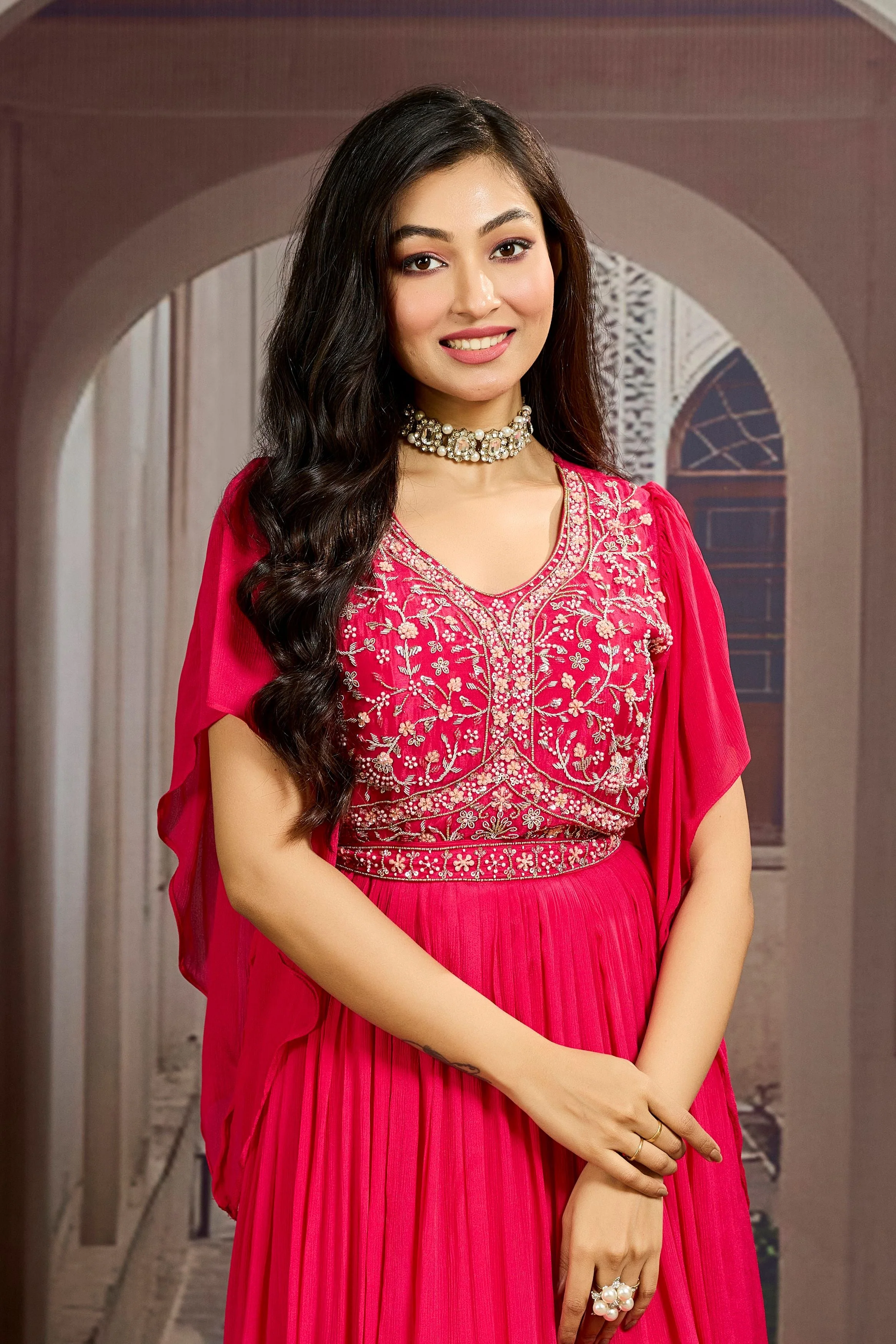 Rose Pink Embellished Chinon Silk Gown - Image 2