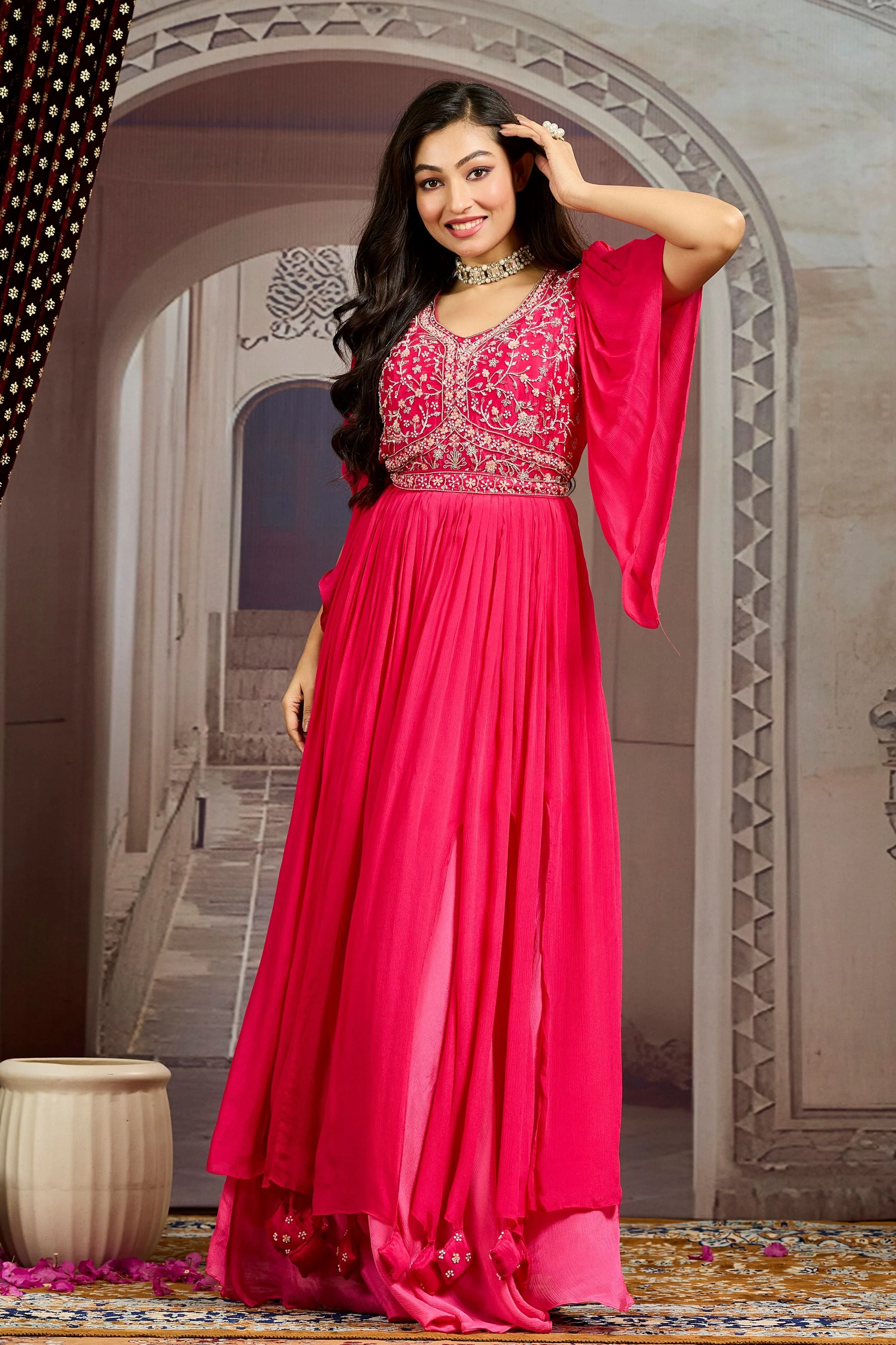 Rose Pink Embellished Chinon Silk Gown - Image 3