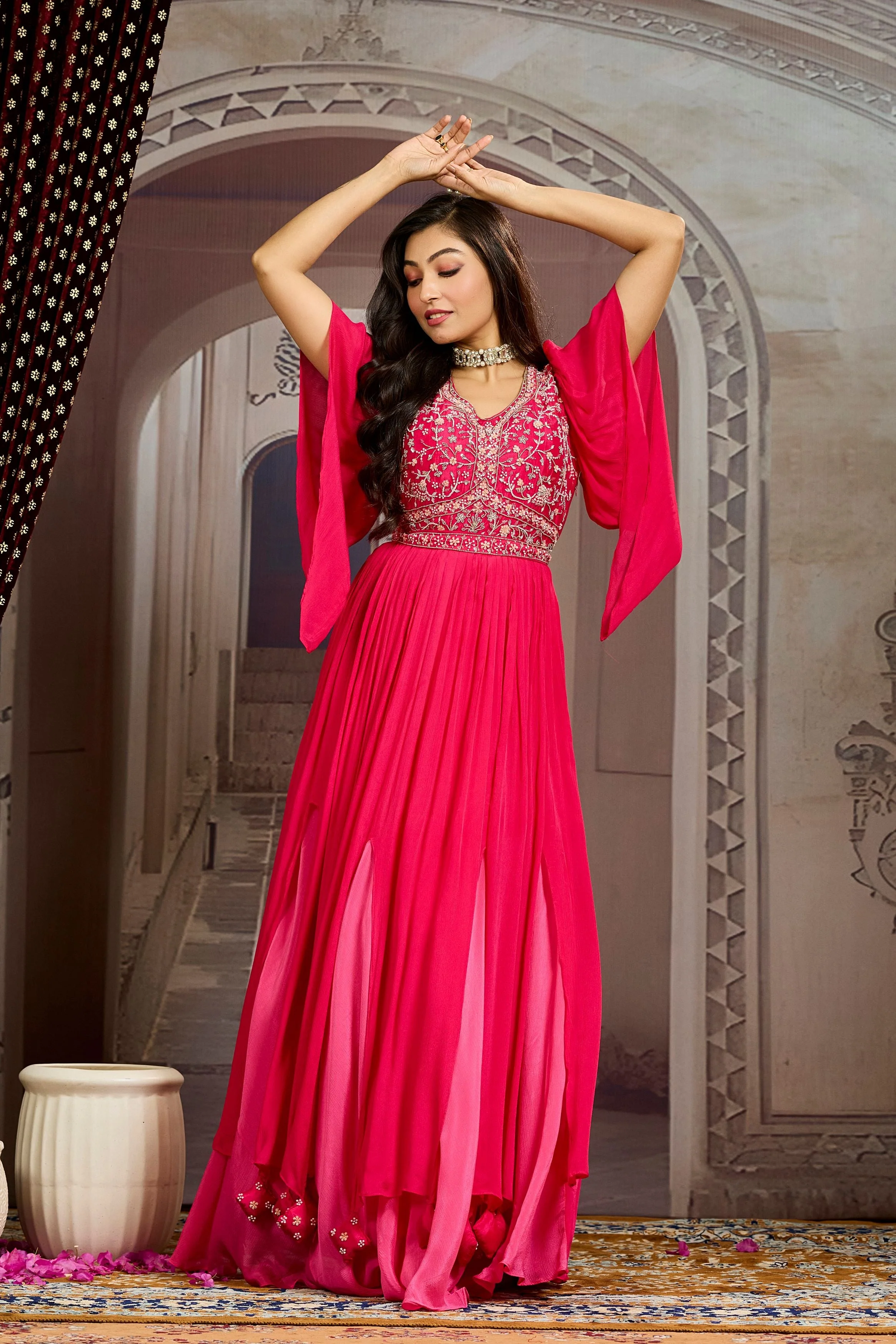 Rose Pink Embellished Chinon Silk Gown - Image 4