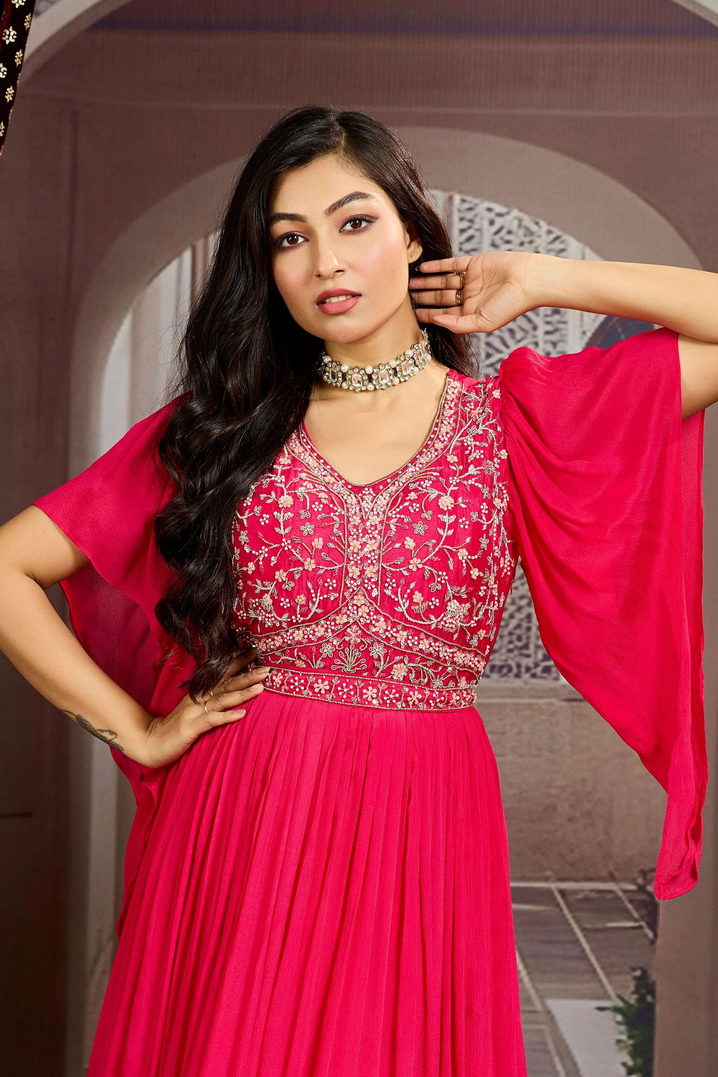 Rose Pink Embellished Chinon Silk Gown - Image 5
