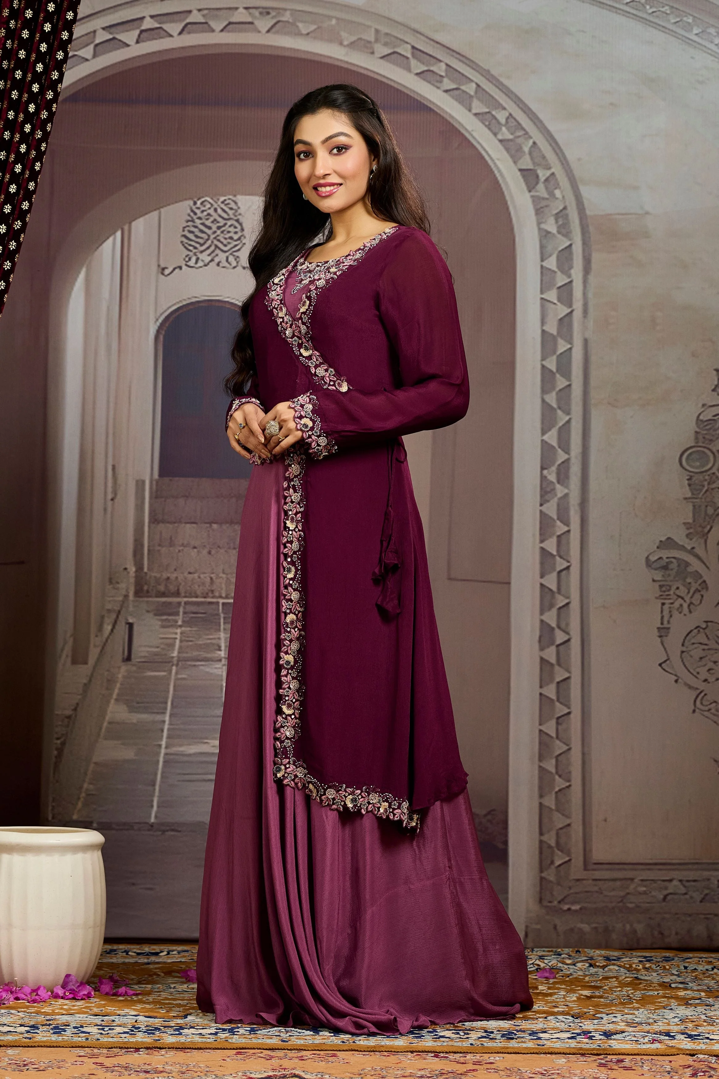 Deep Burgundy Embellished Chinon Silk Gown - Image 3