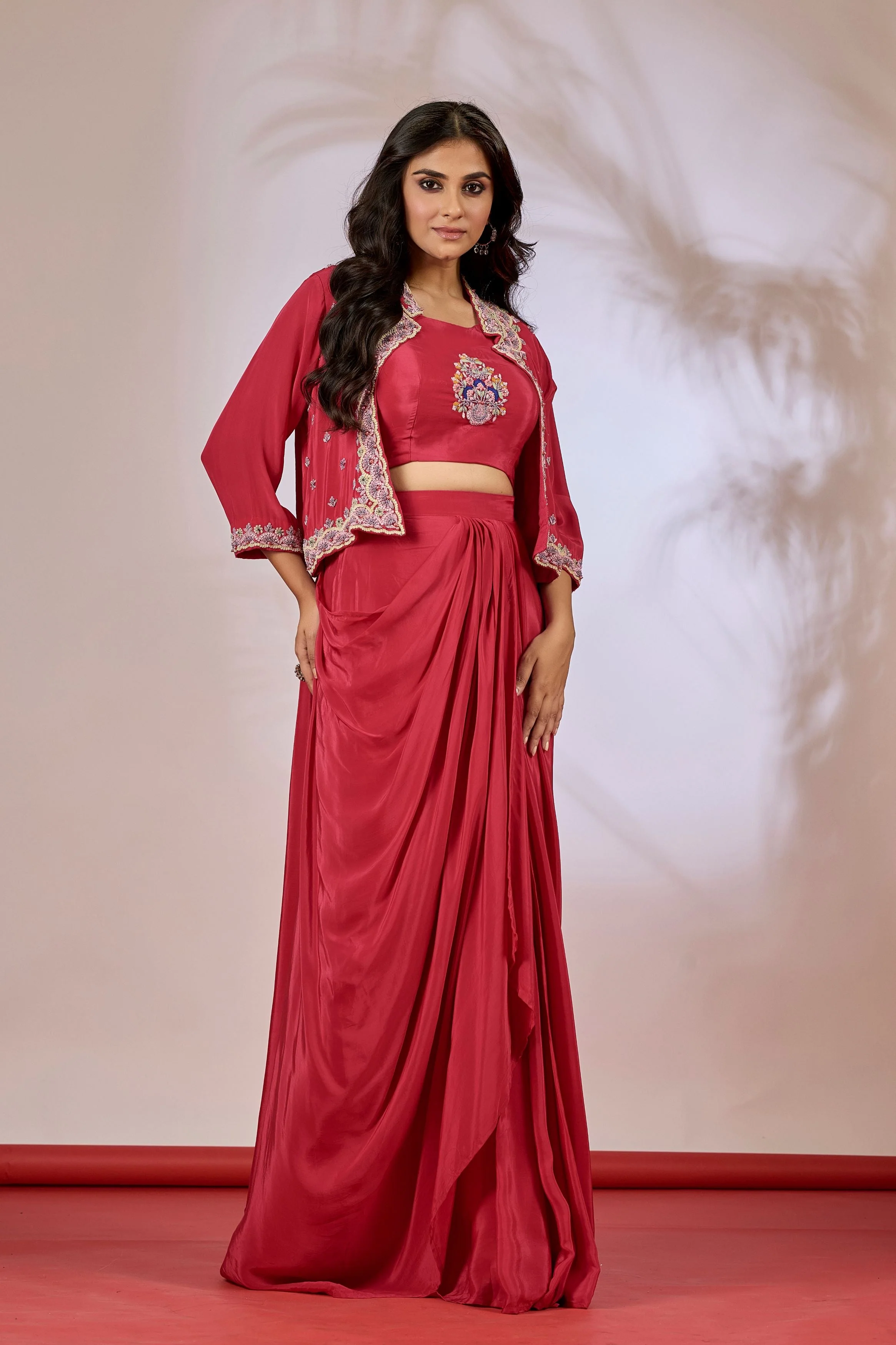 Red Embellished Chinon Silk Skirt Jacket Set - Image 3