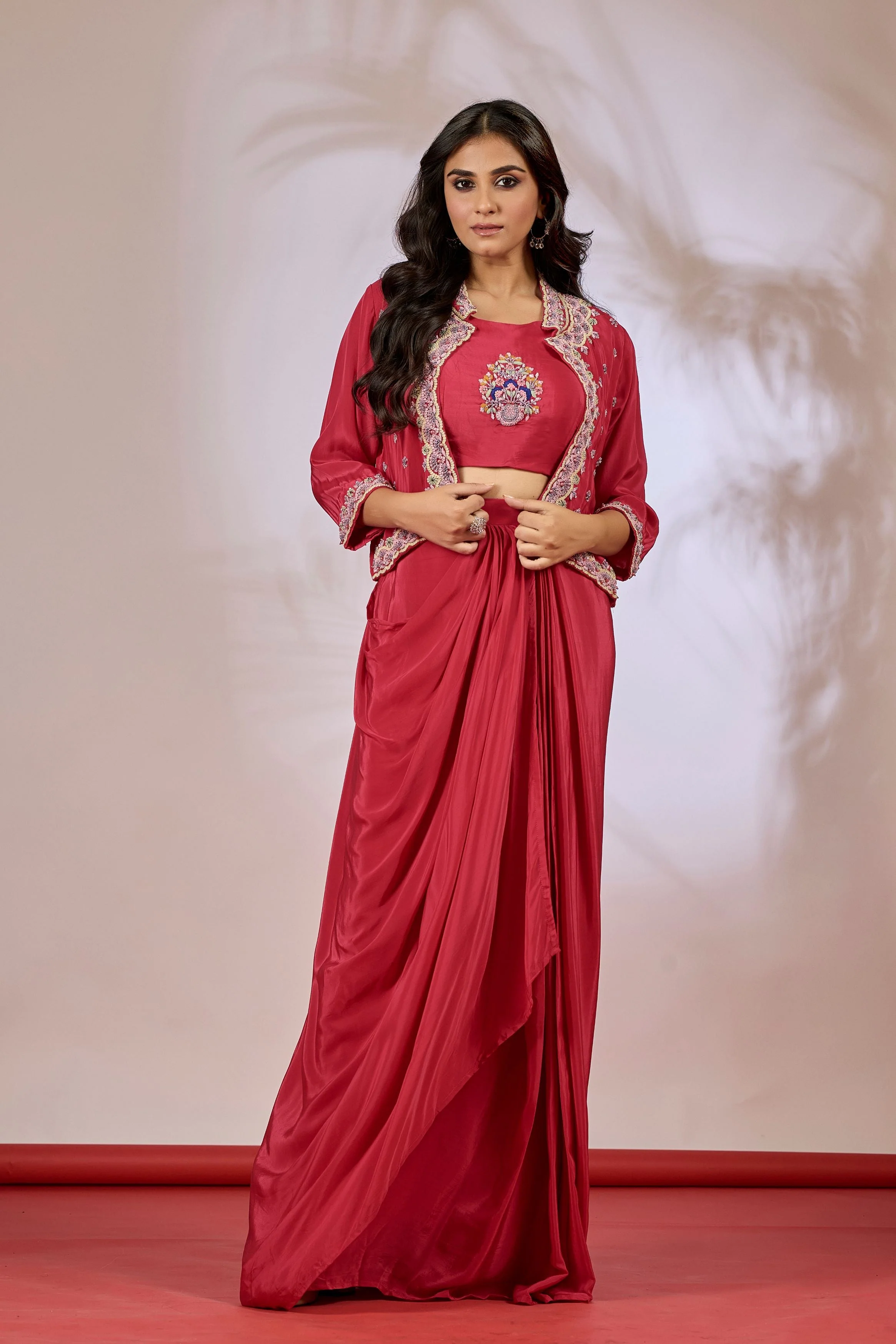 Red Embellished Chinon Silk Skirt Jacket Set - Image 4