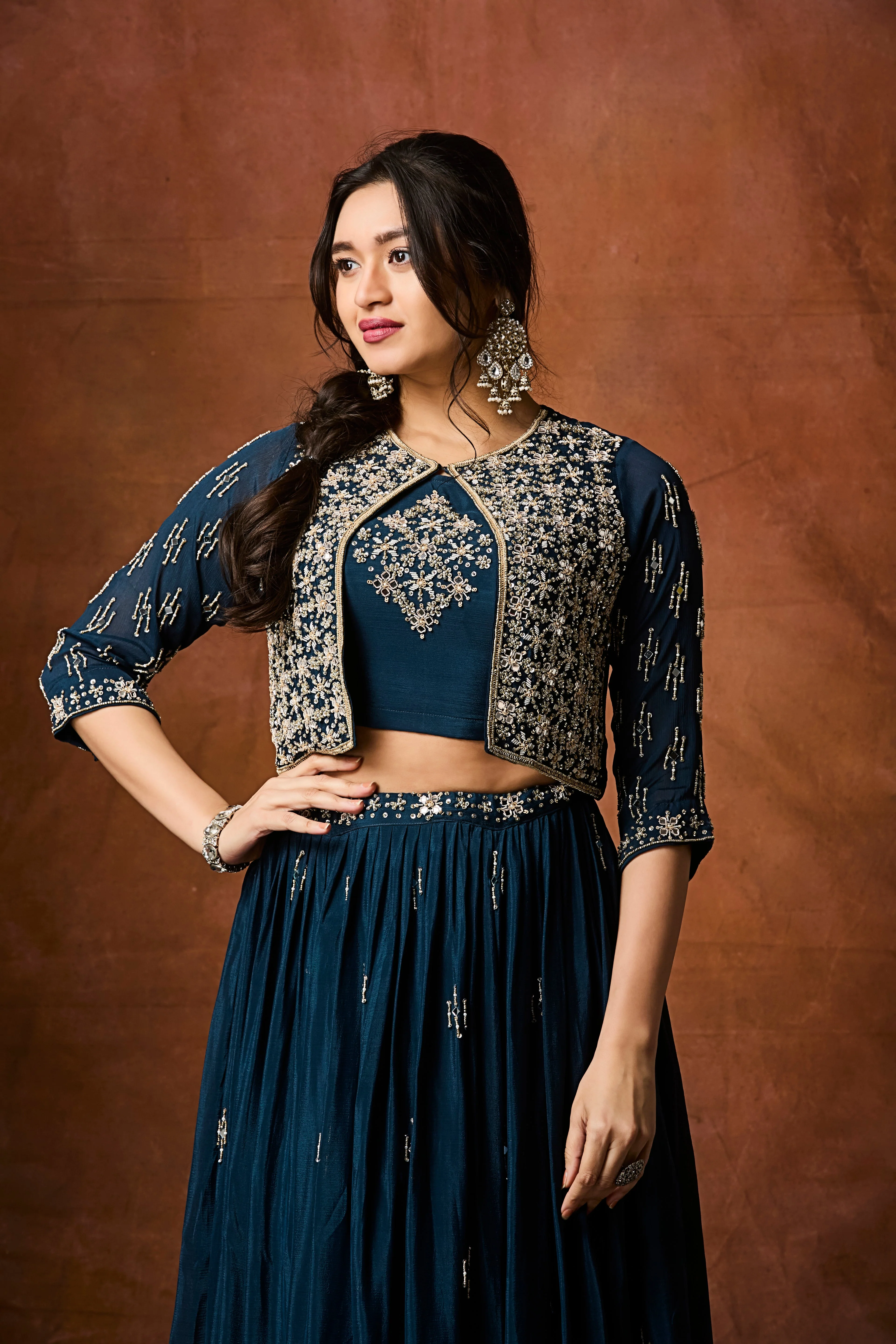 Deep Teal Embellished Chinon Silk Skirt Set - Image 2