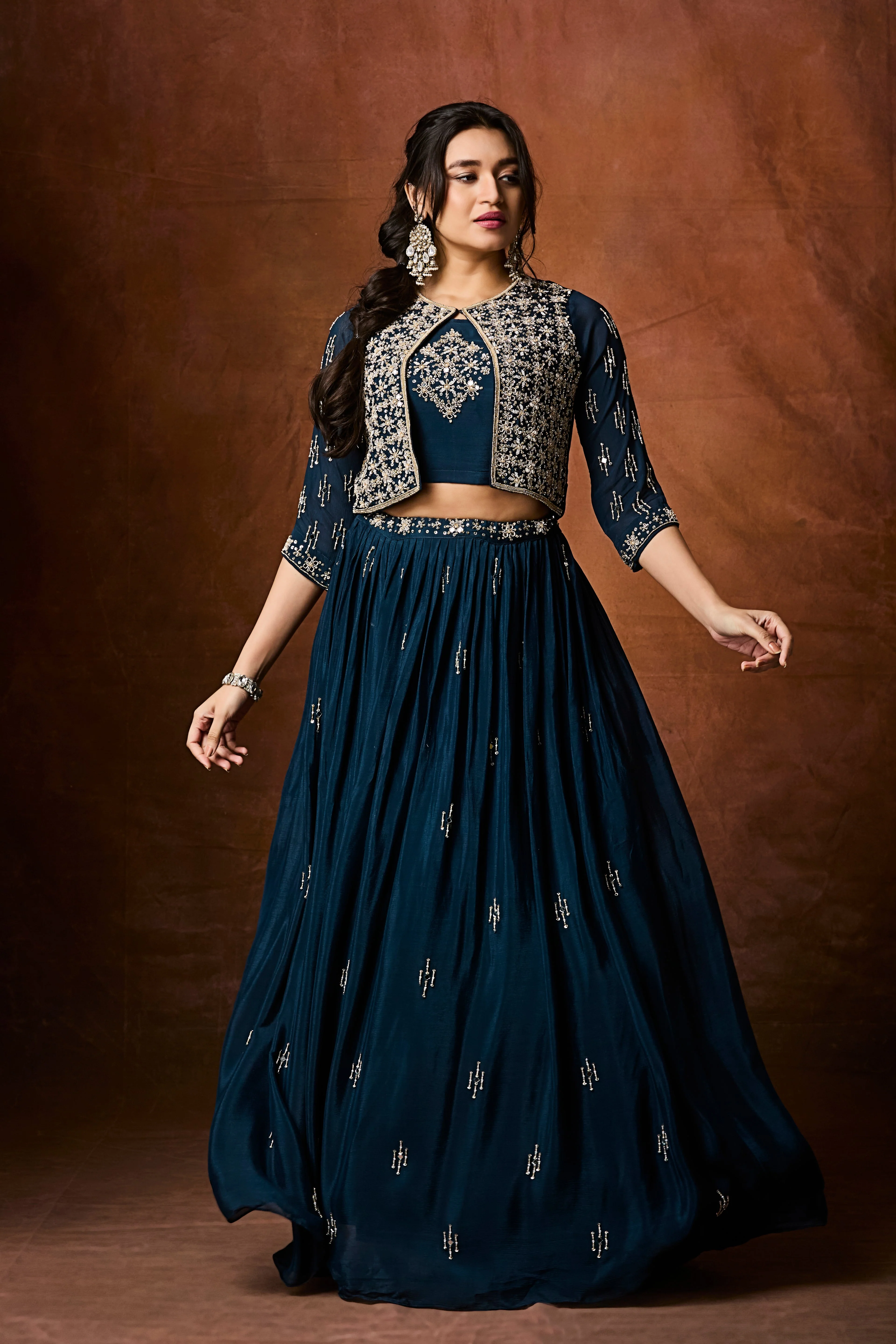 Deep Teal Embellished Chinon Silk Skirt Set - Image 3