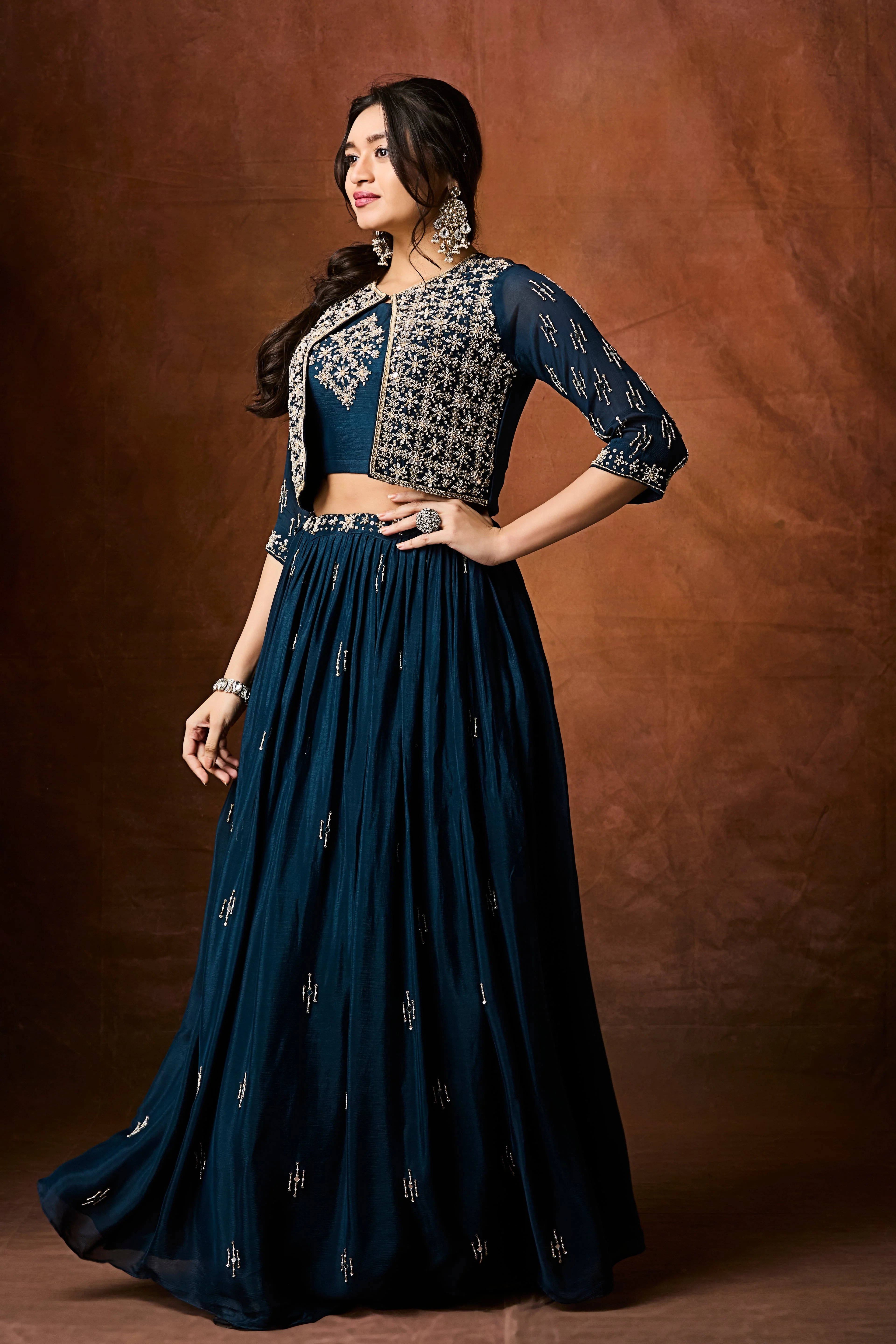 Deep Teal Embellished Chinon Silk Skirt Set - Image 4
