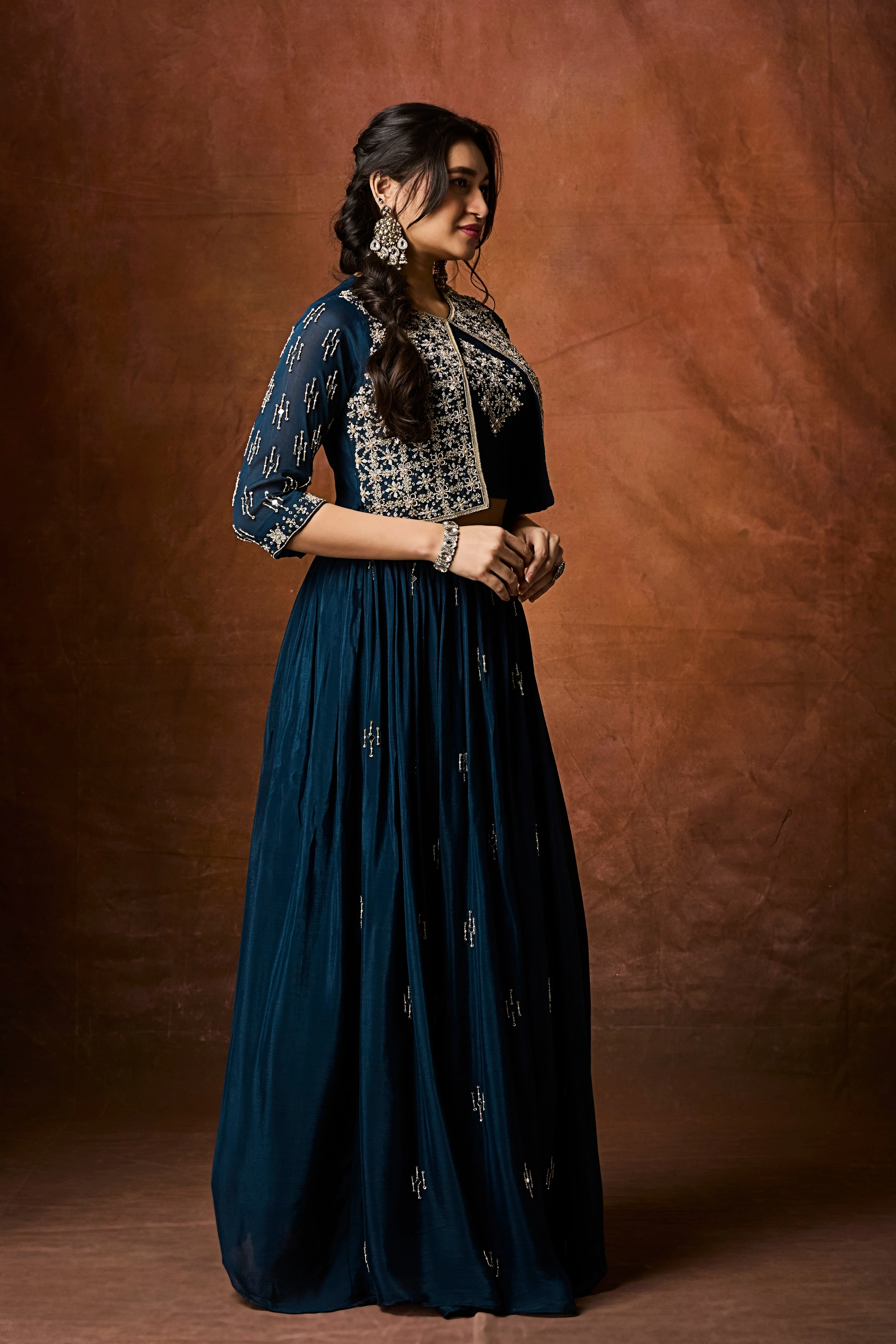 Deep Teal Embellished Chinon Silk Skirt Set - Image 5