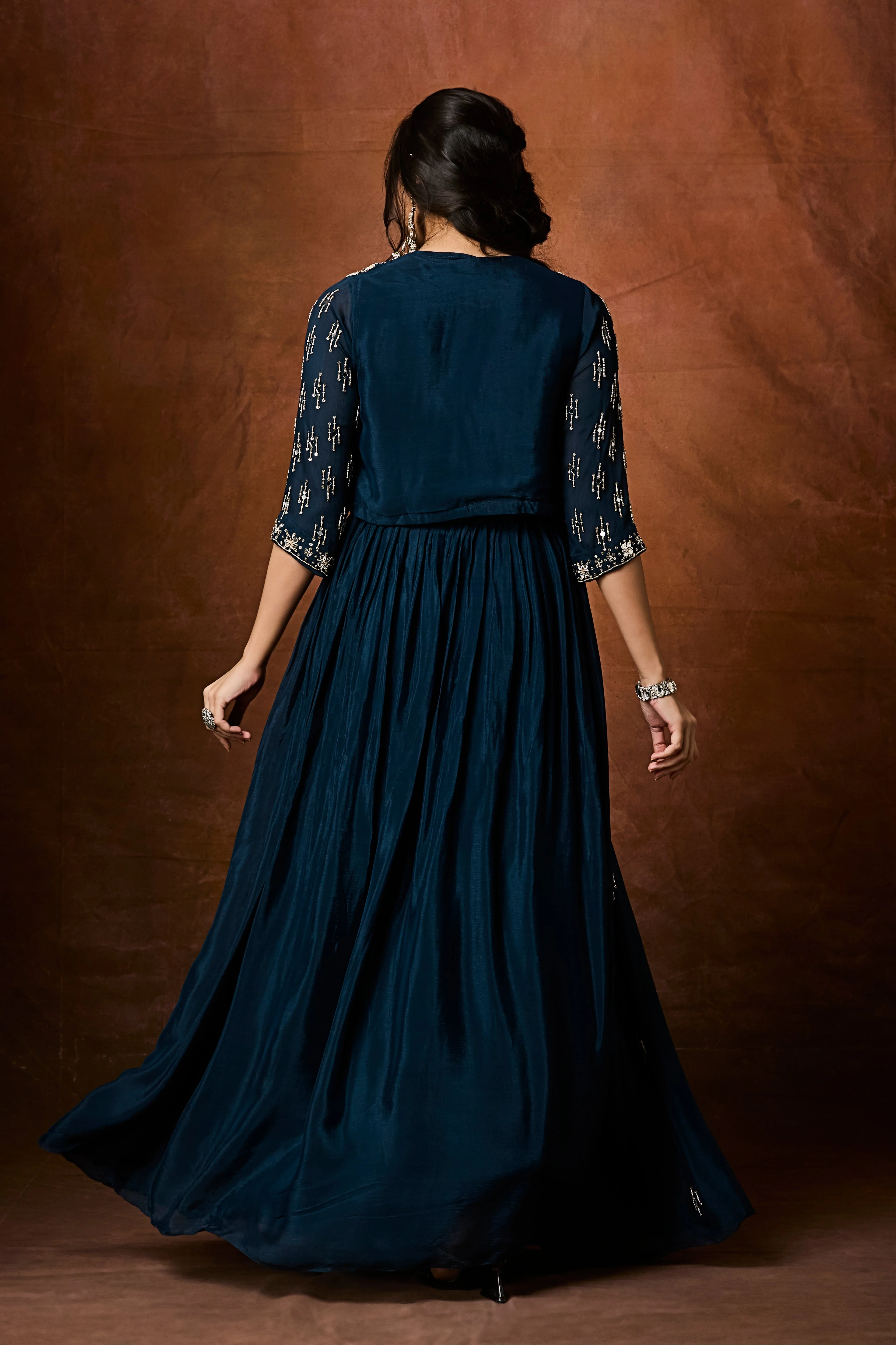 Deep Teal Embellished Chinon Silk Skirt Set - Image 6