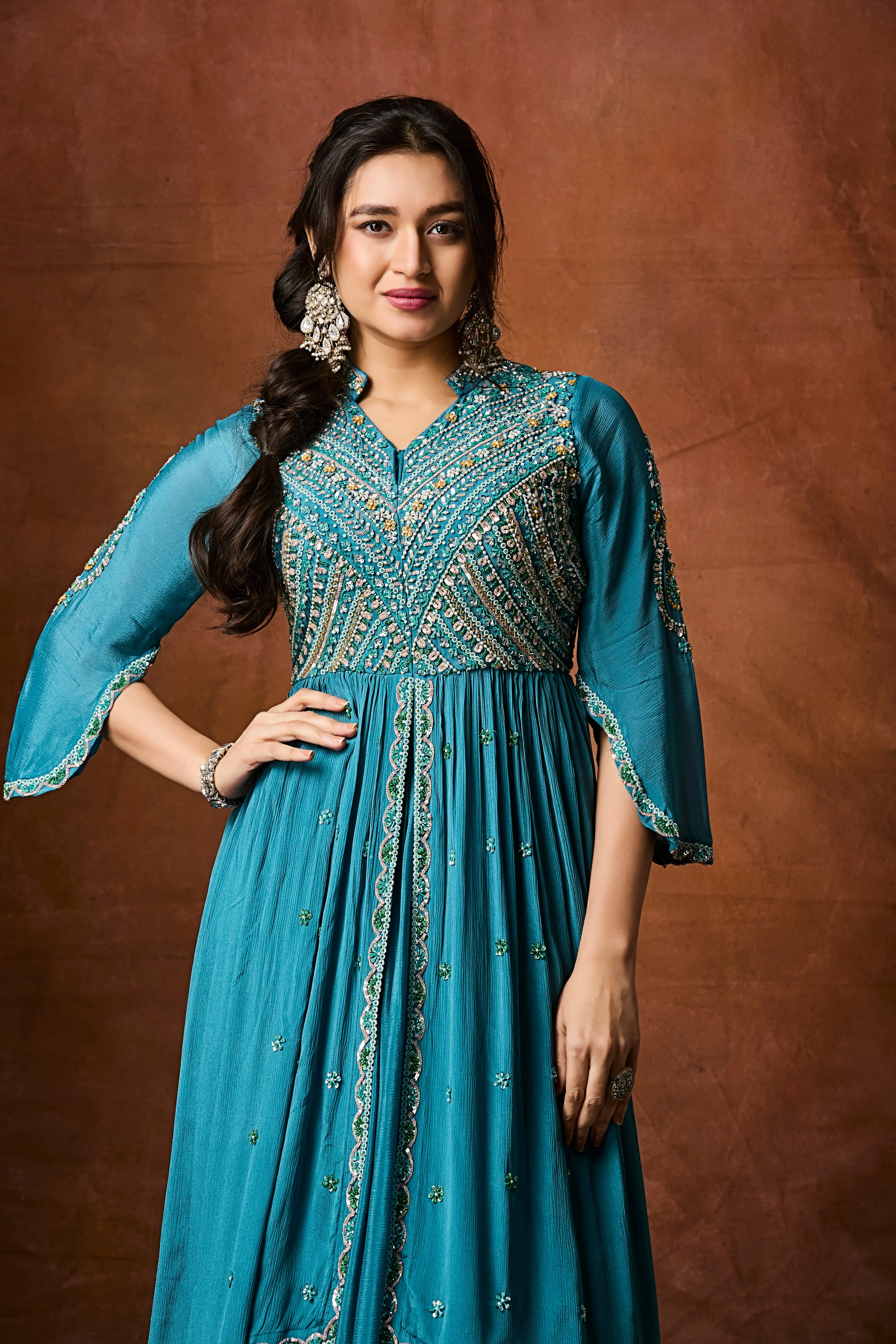 Ocean Blue Embellished Chinon Silk Skirt Set - Image 2
