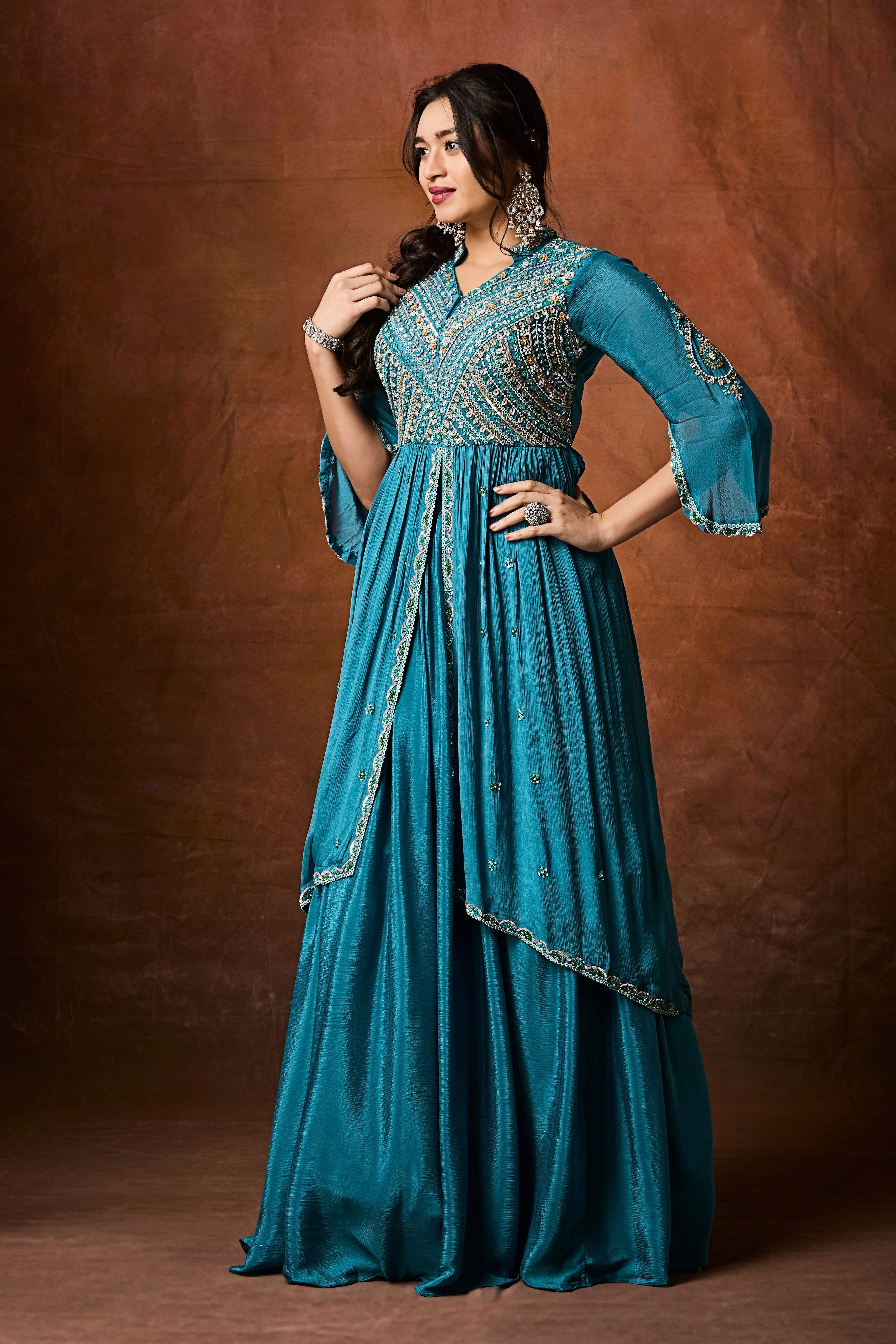 Ocean Blue Embellished Chinon Silk Skirt Set - Image 3