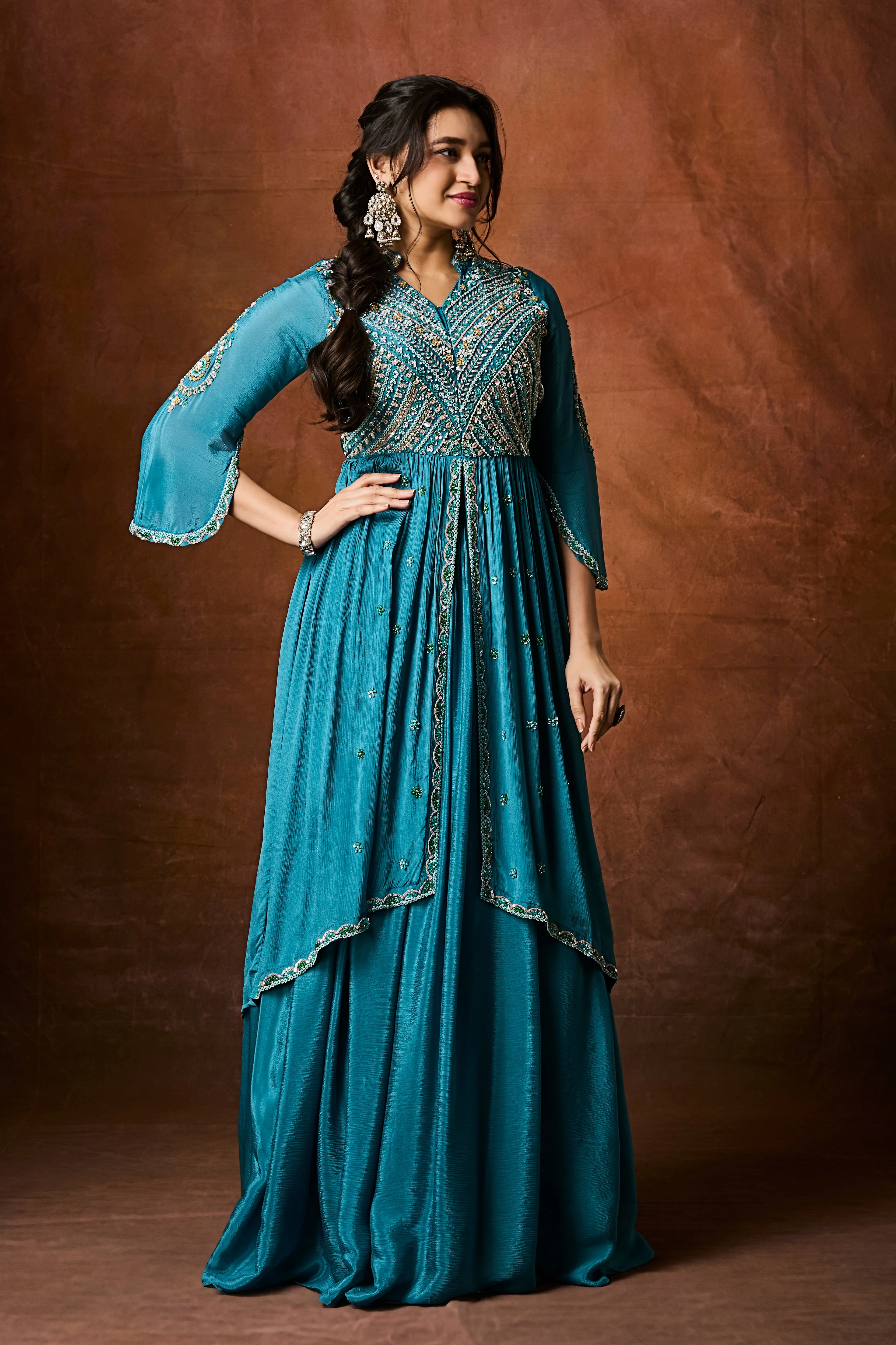 Ocean Blue Embellished Chinon Silk Skirt Set - Image 4