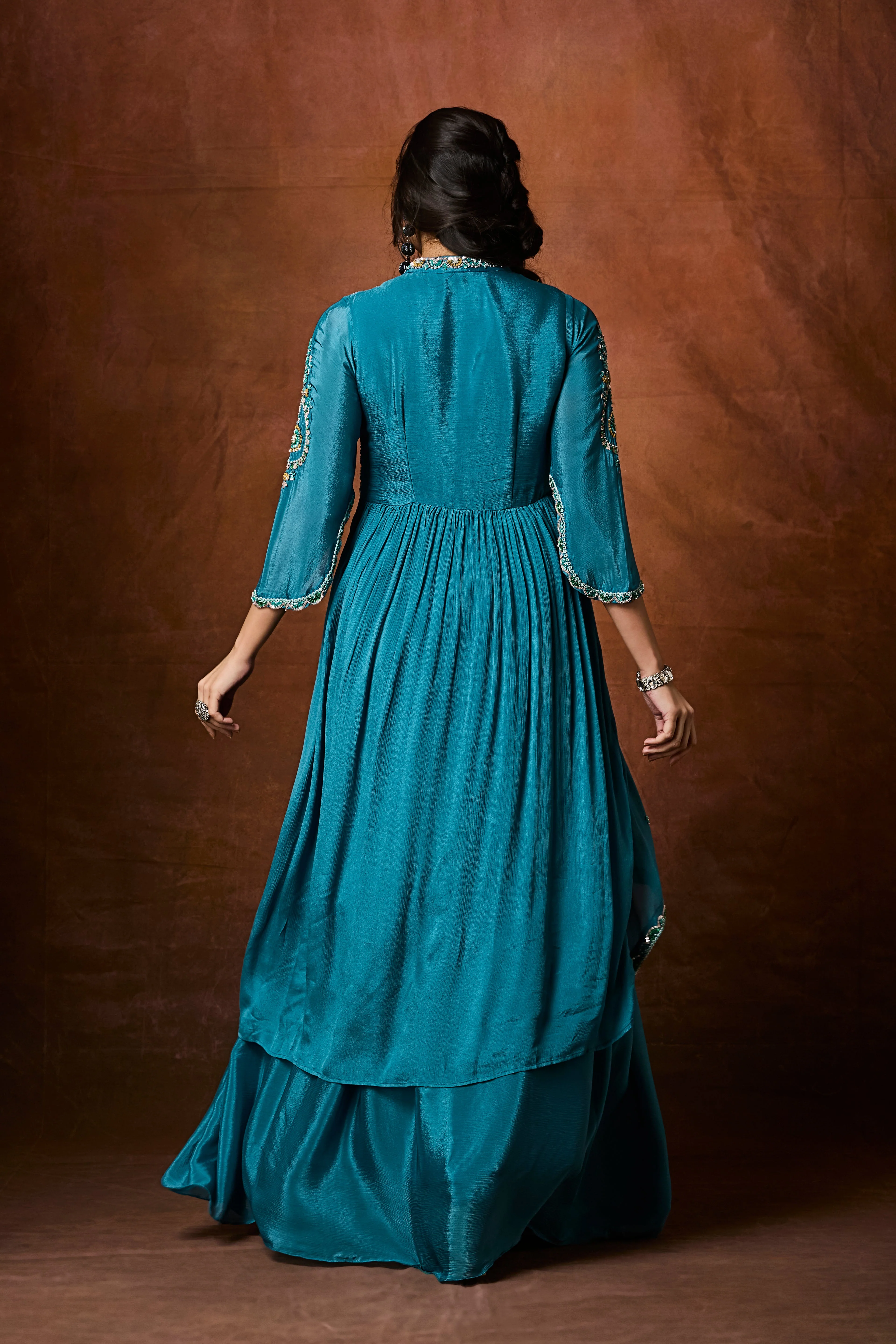 Ocean Blue Embellished Chinon Silk Skirt Set - Image 5