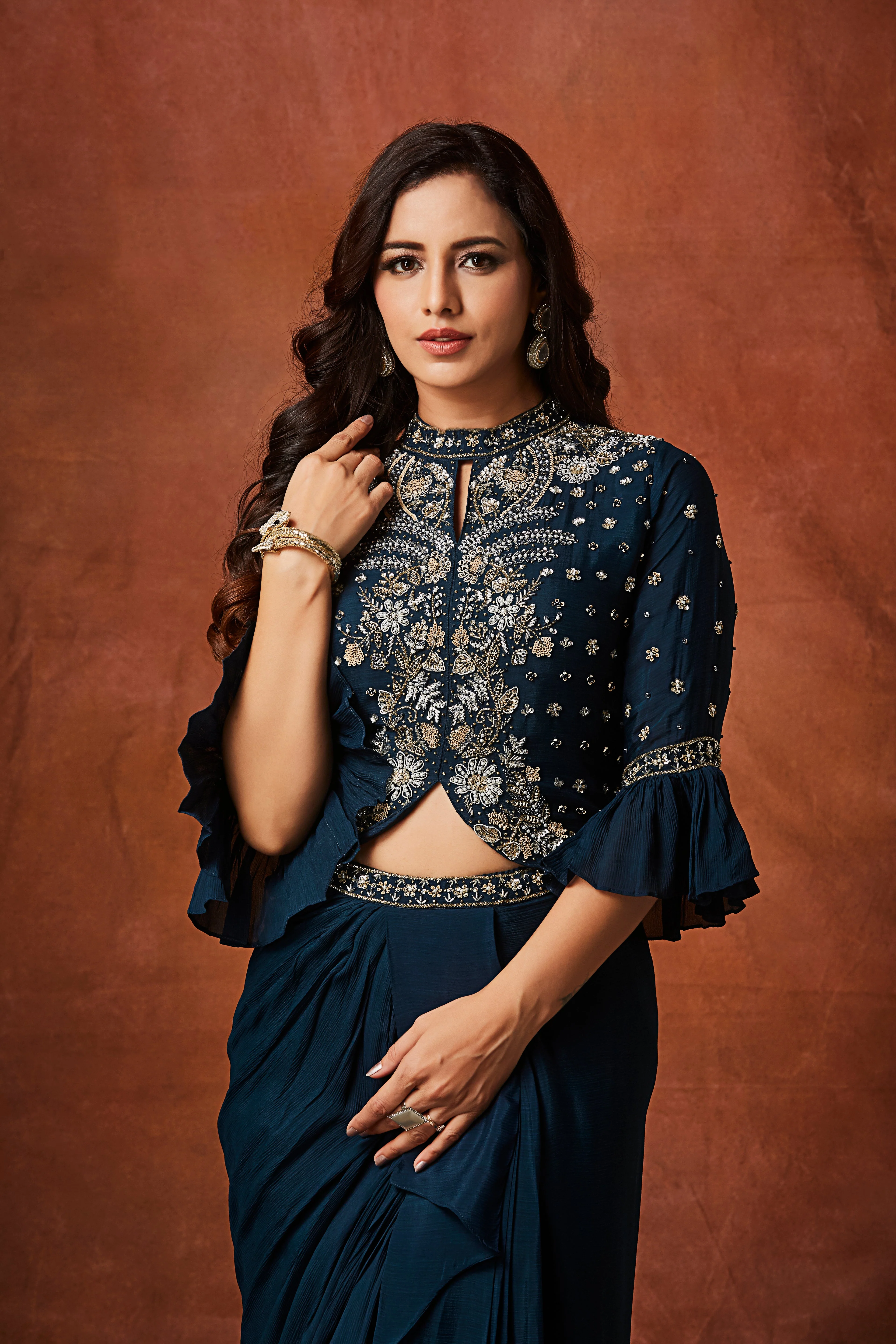 Deep Teal Embellished Chinon Silk Skirt Set - Image 2