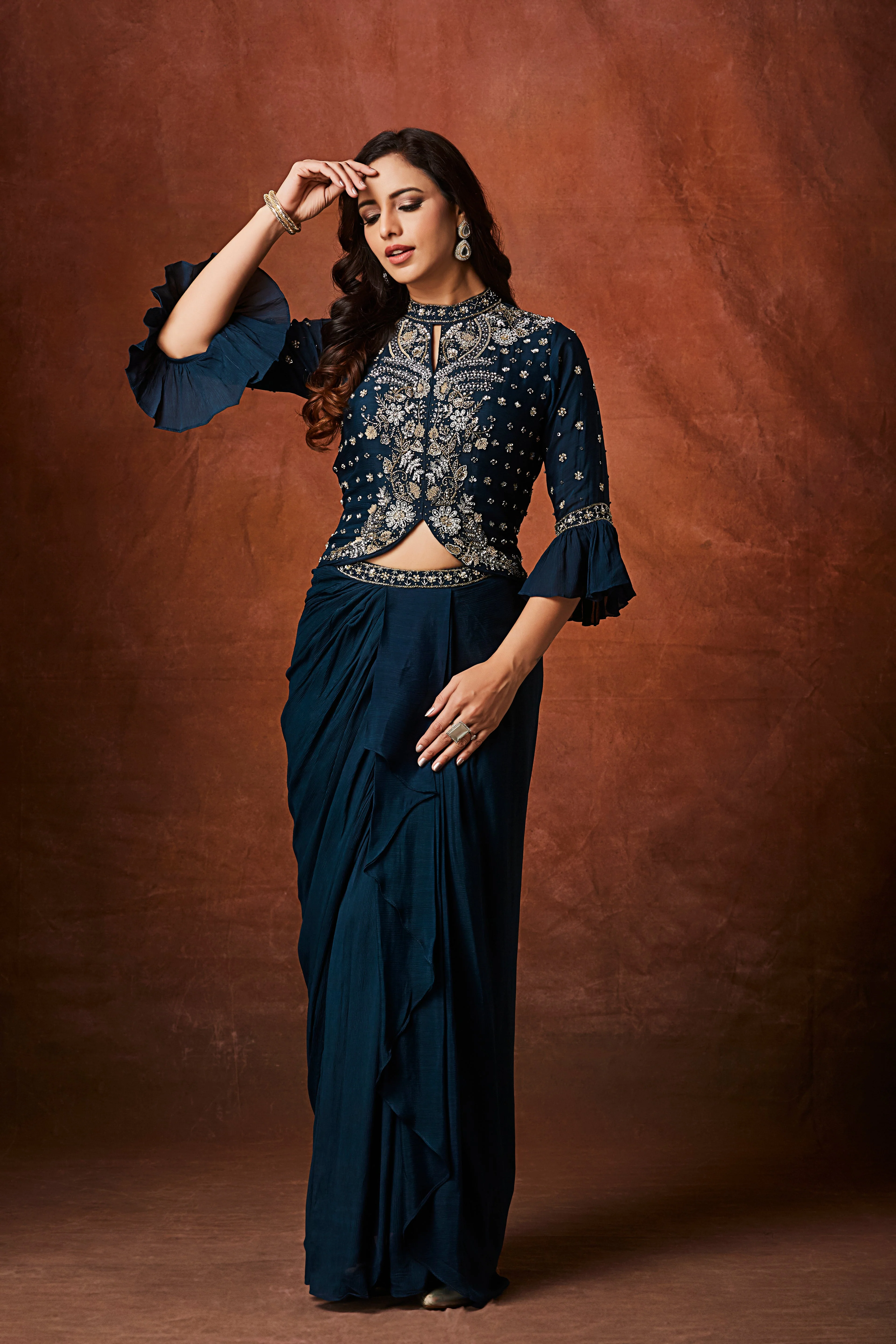 Deep Teal Embellished Chinon Silk Skirt Set - Image 3