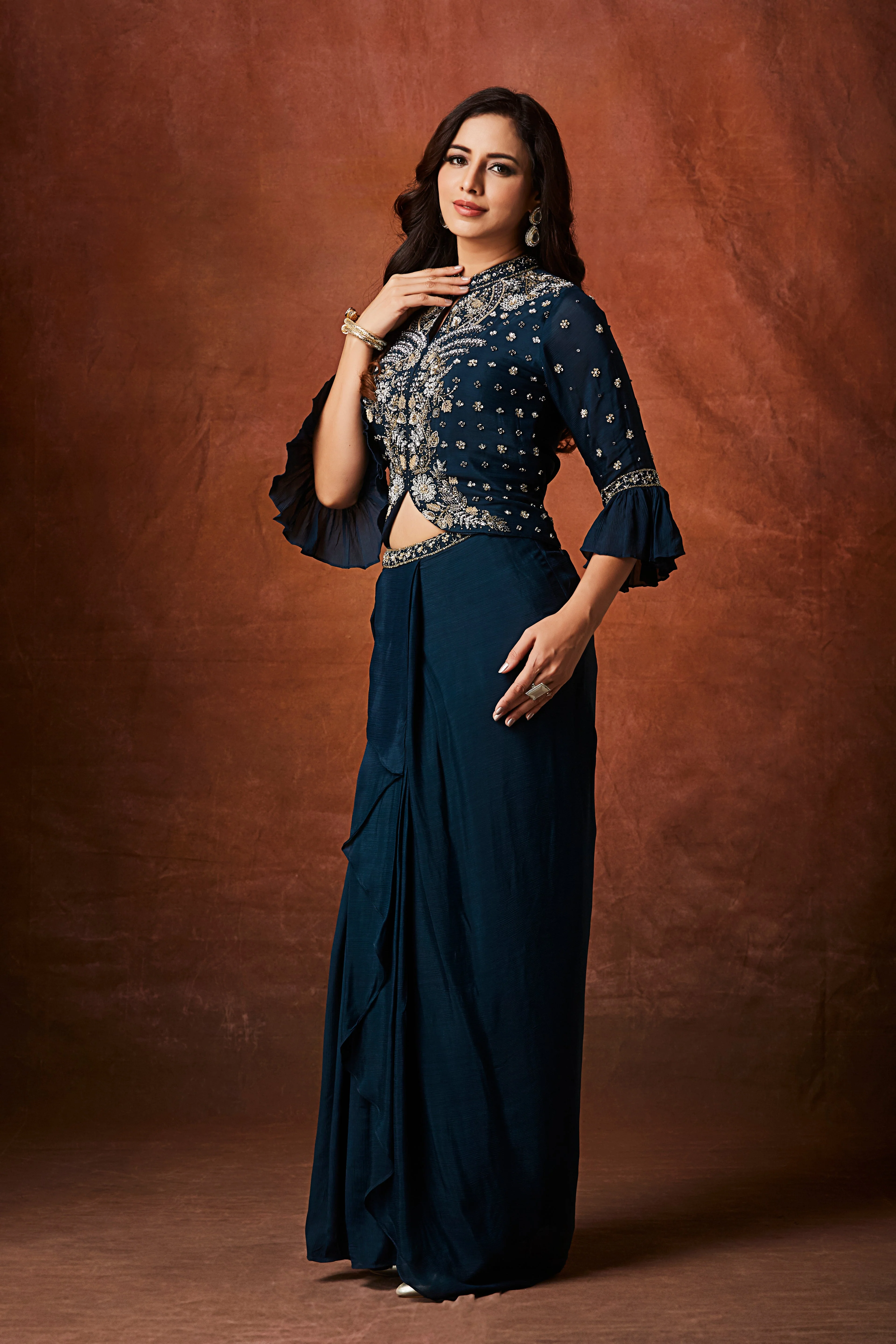Deep Teal Embellished Chinon Silk Skirt Set - Image 4