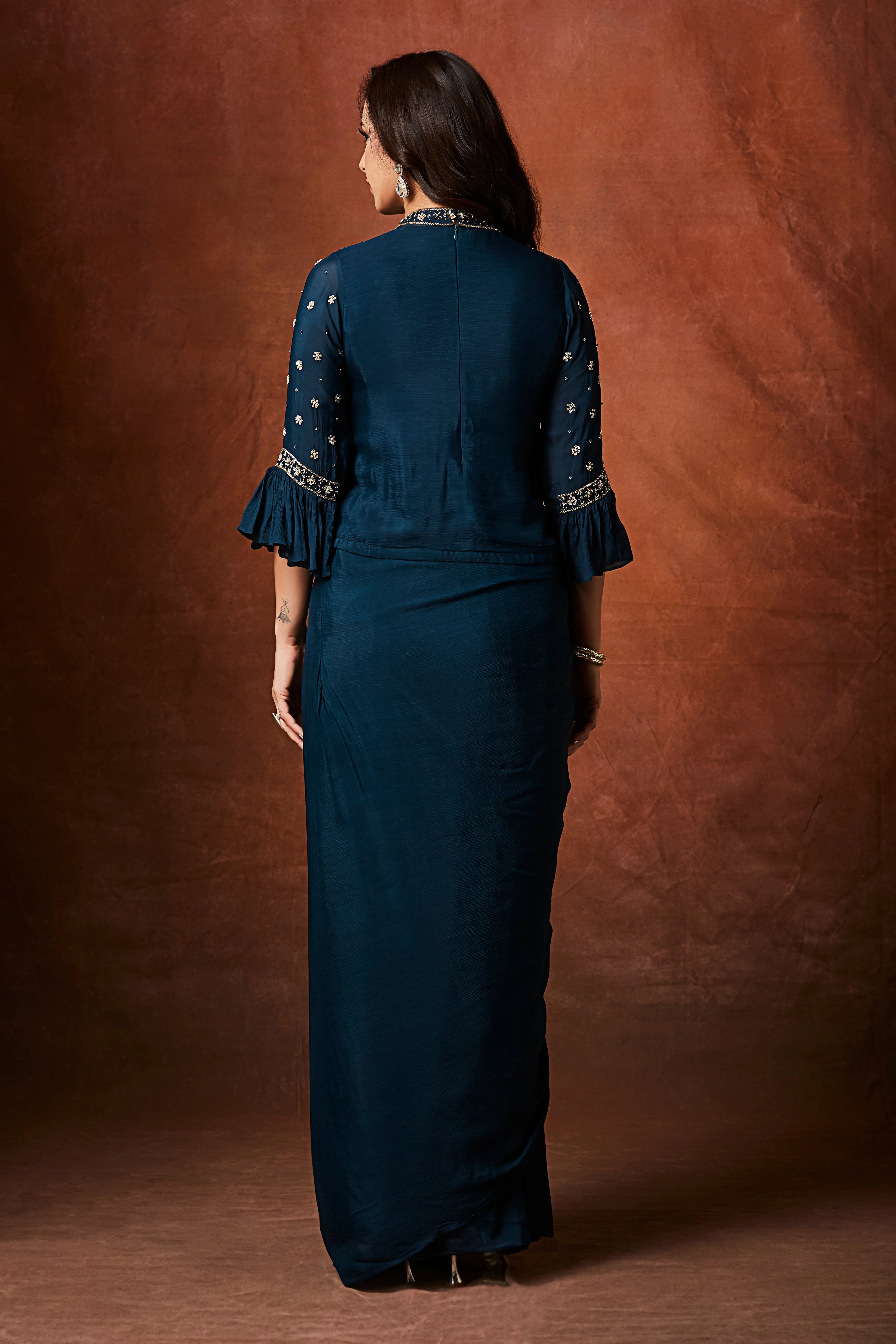 Deep Teal Embellished Chinon Silk Skirt Set - Image 5