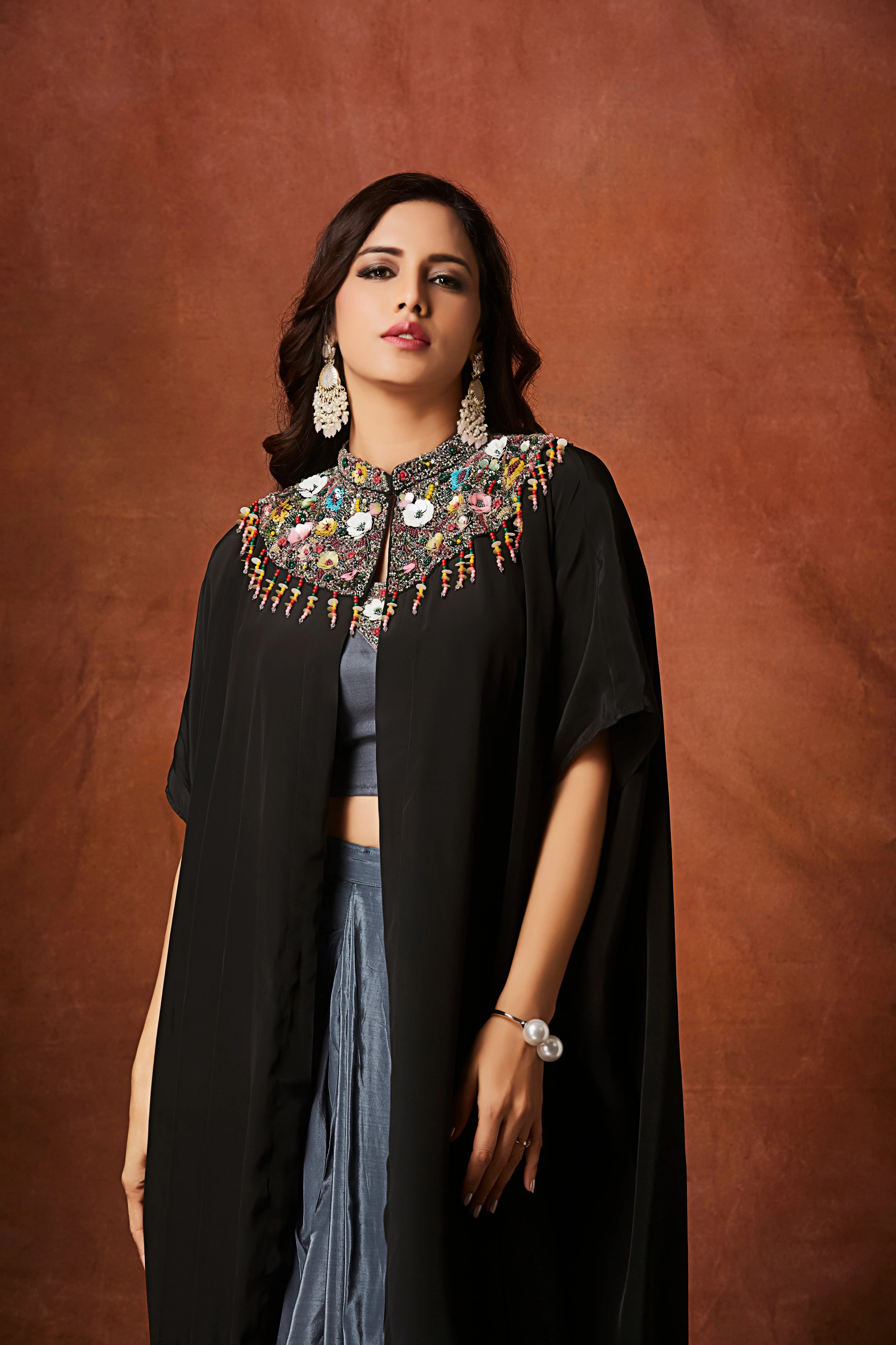 Slate Grey Embellished Crepe Silk Skirt Set - Image 2