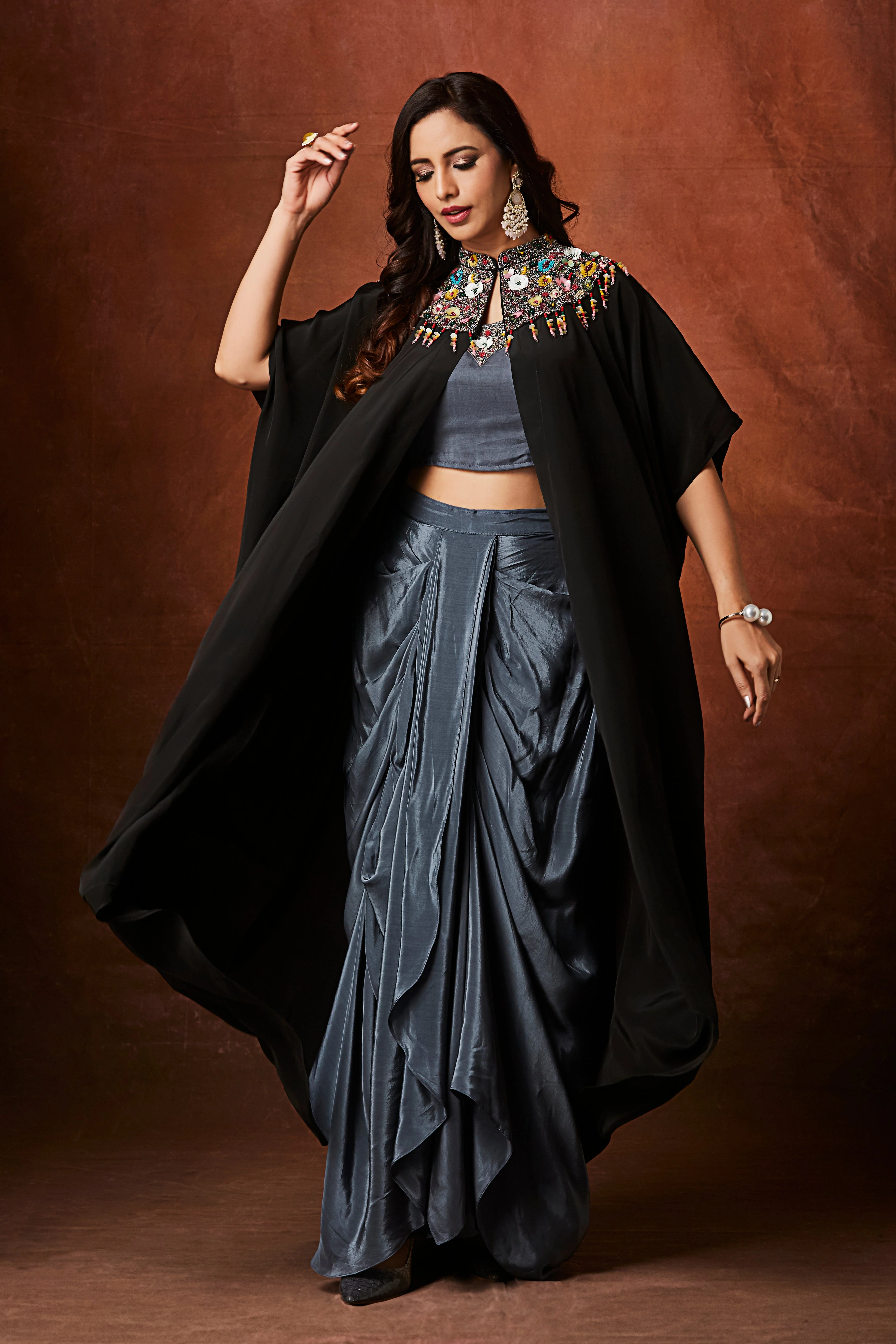 Slate Grey Embellished Crepe Silk Skirt Set - Image 4