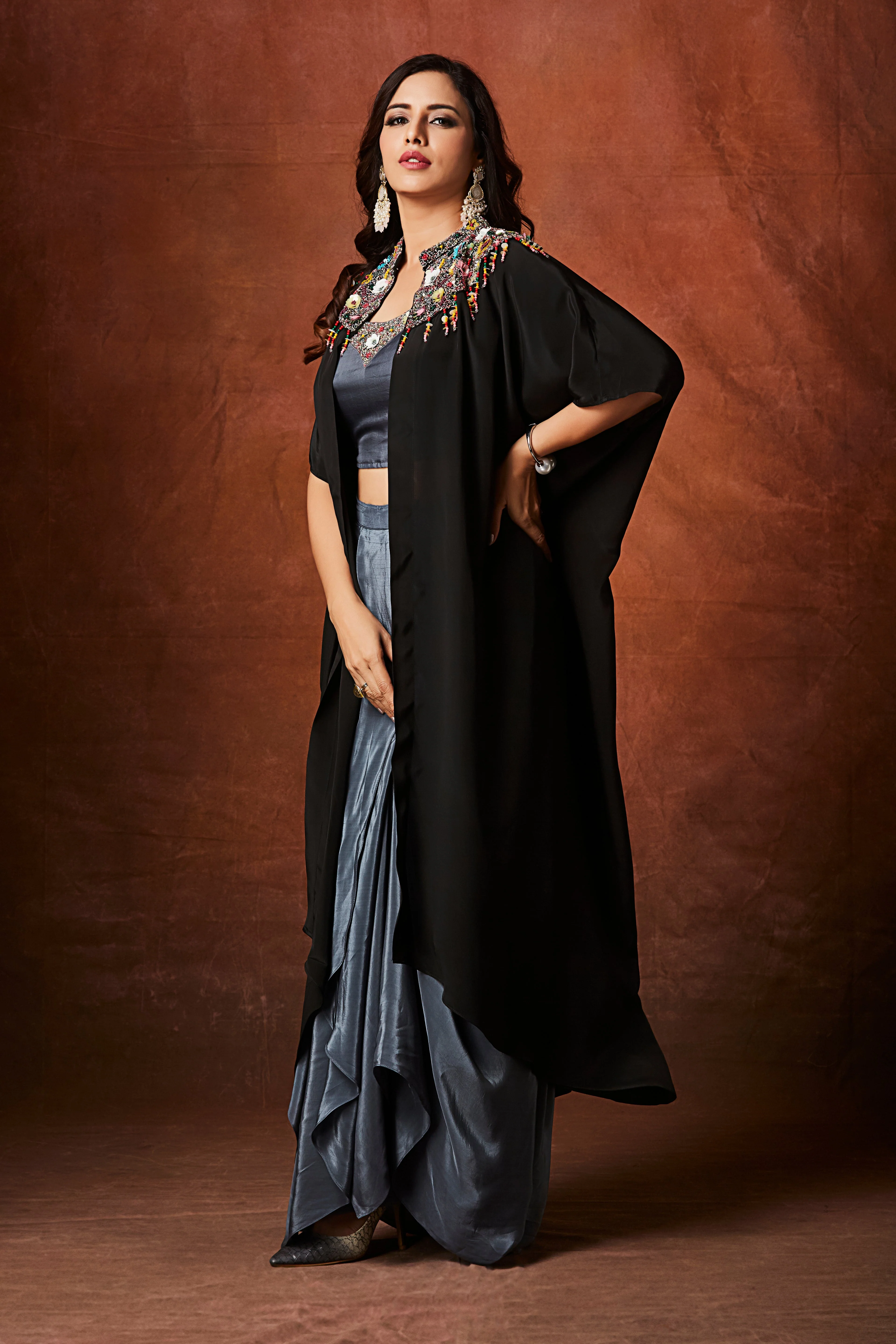 Slate Grey Embellished Crepe Silk Skirt Set - Image 5