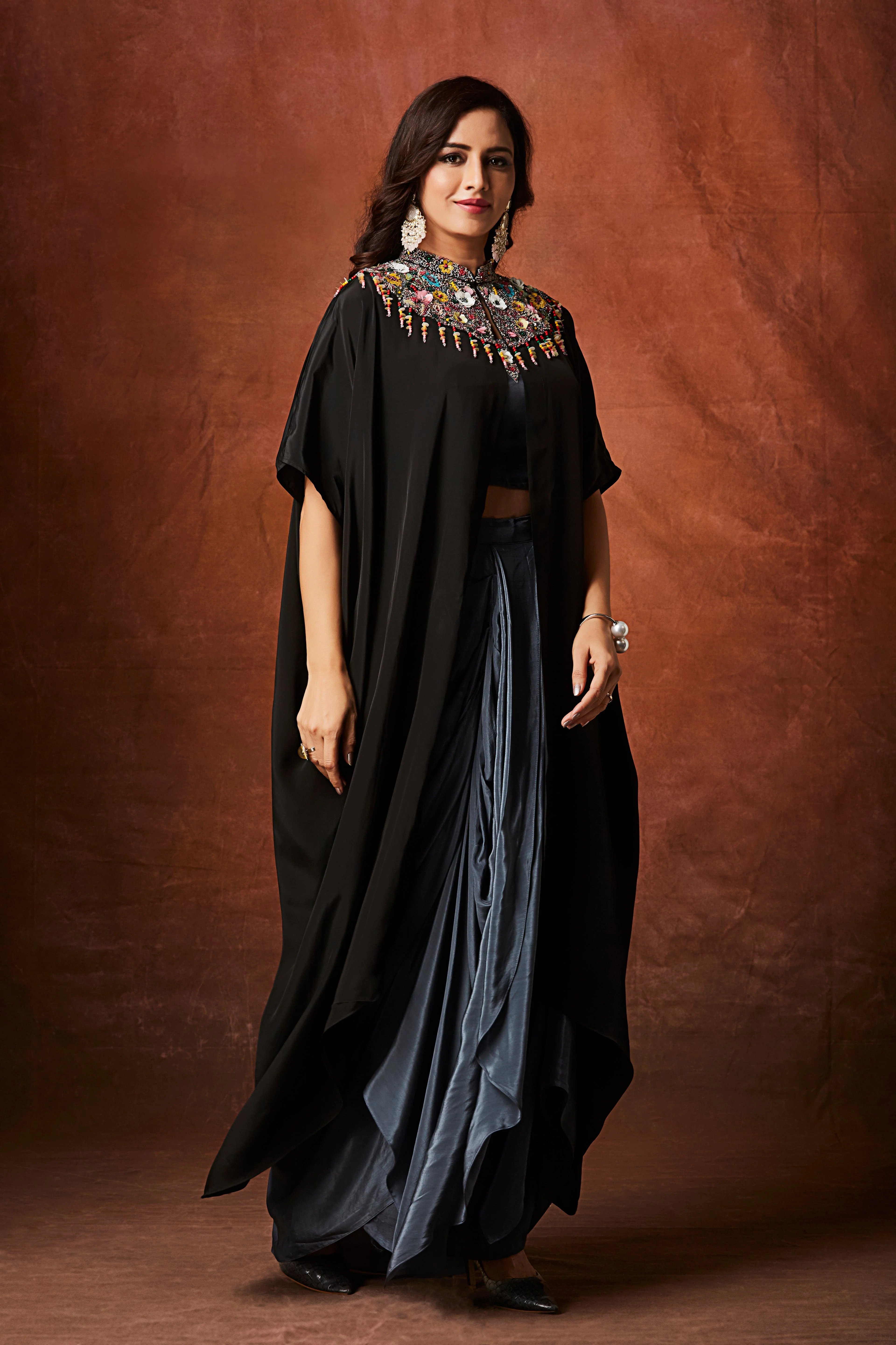 Slate Grey Embellished Crepe Silk Skirt Set - Image 6