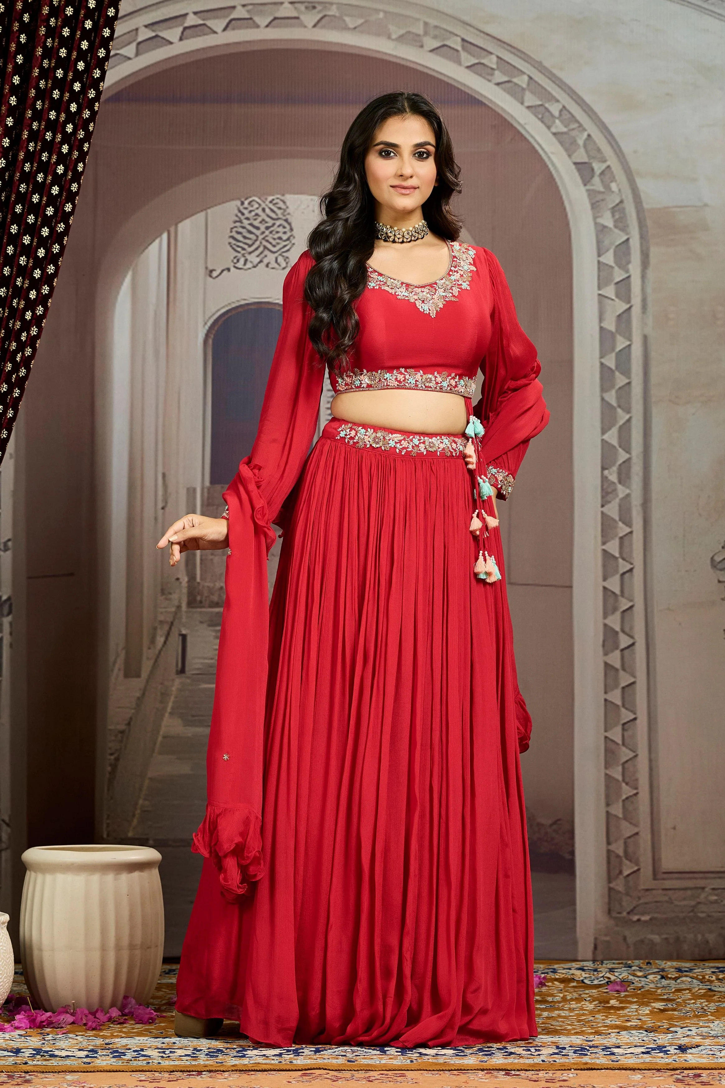 Royal Red Embellished Chinon Silk Skirt Set - Image 3