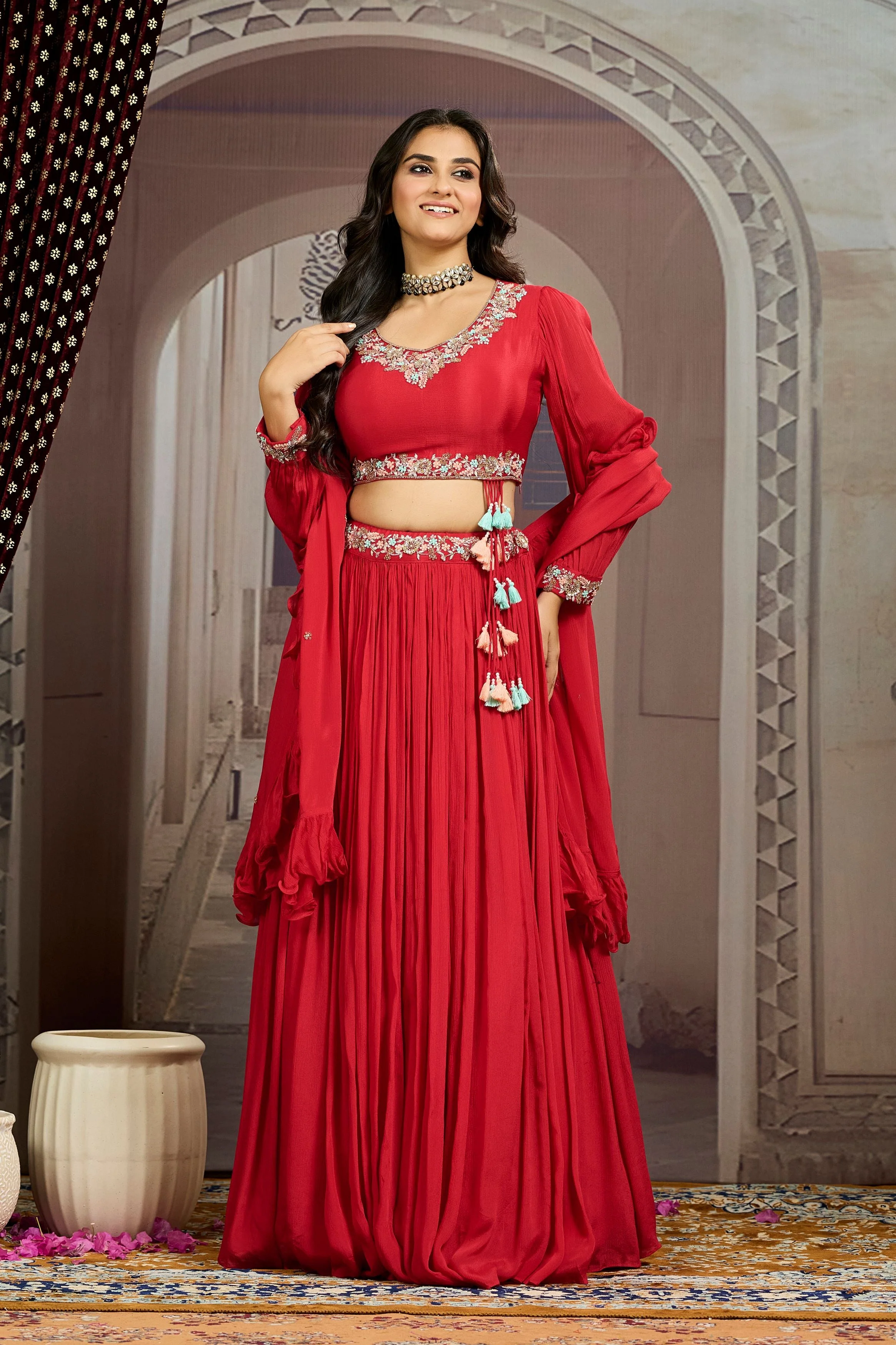 Royal Red Embellished Chinon Silk Skirt Set - Image 4