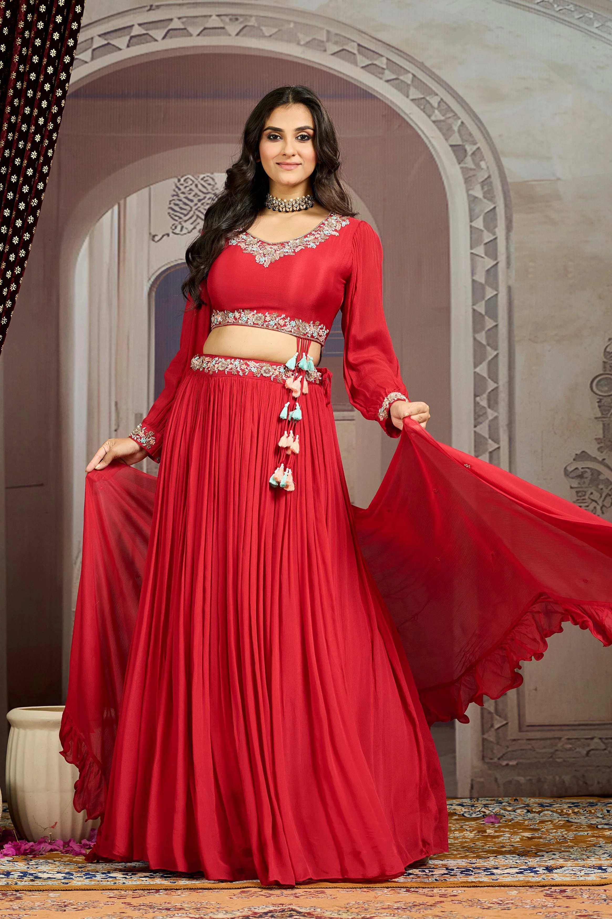 Royal Red Embellished Chinon Silk Skirt Set - Image 5