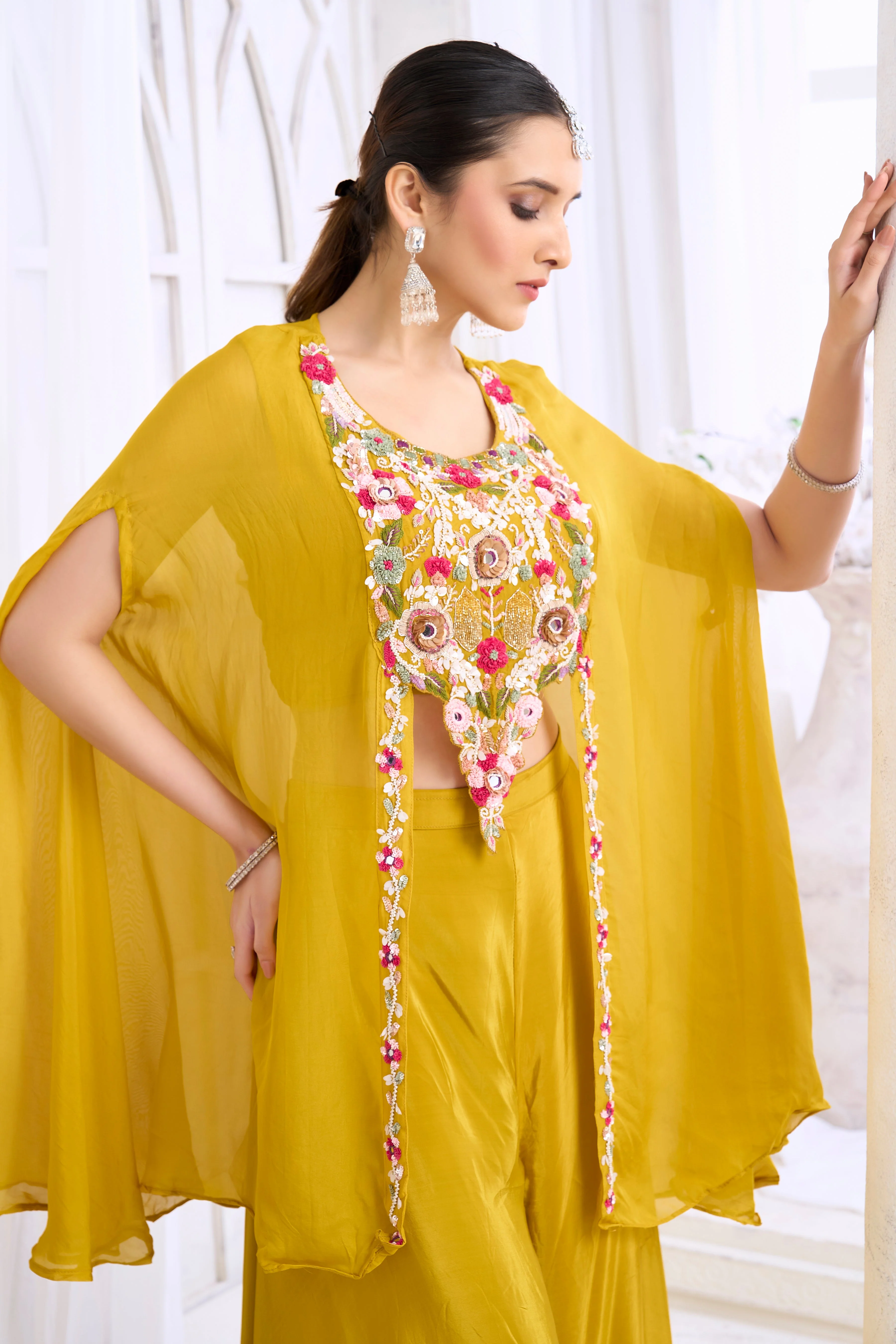 Golden Yellow Embellished Crepe Silk Palazzo Set - Image 2