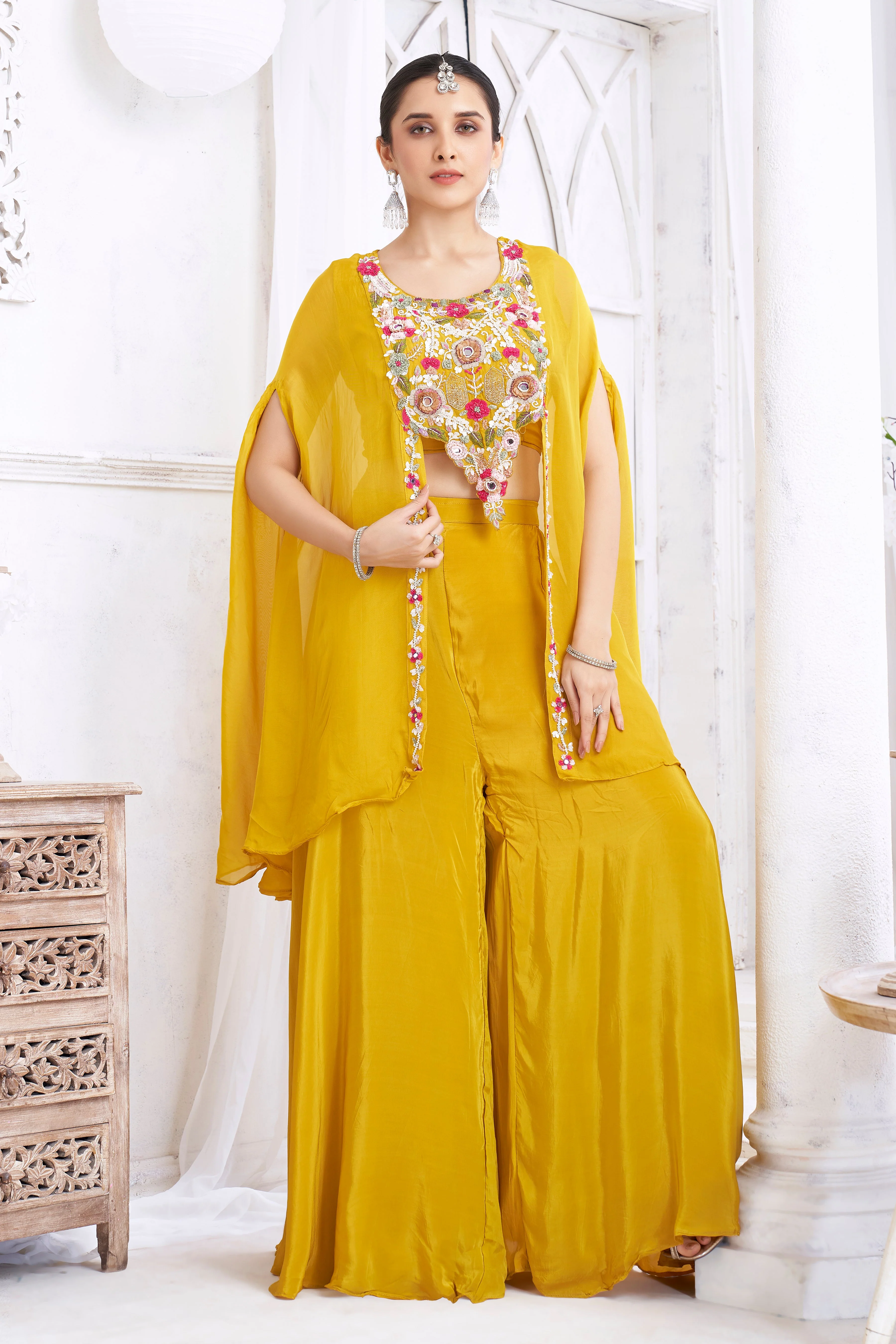 Golden Yellow Embellished Crepe Silk Palazzo Set - Image 3