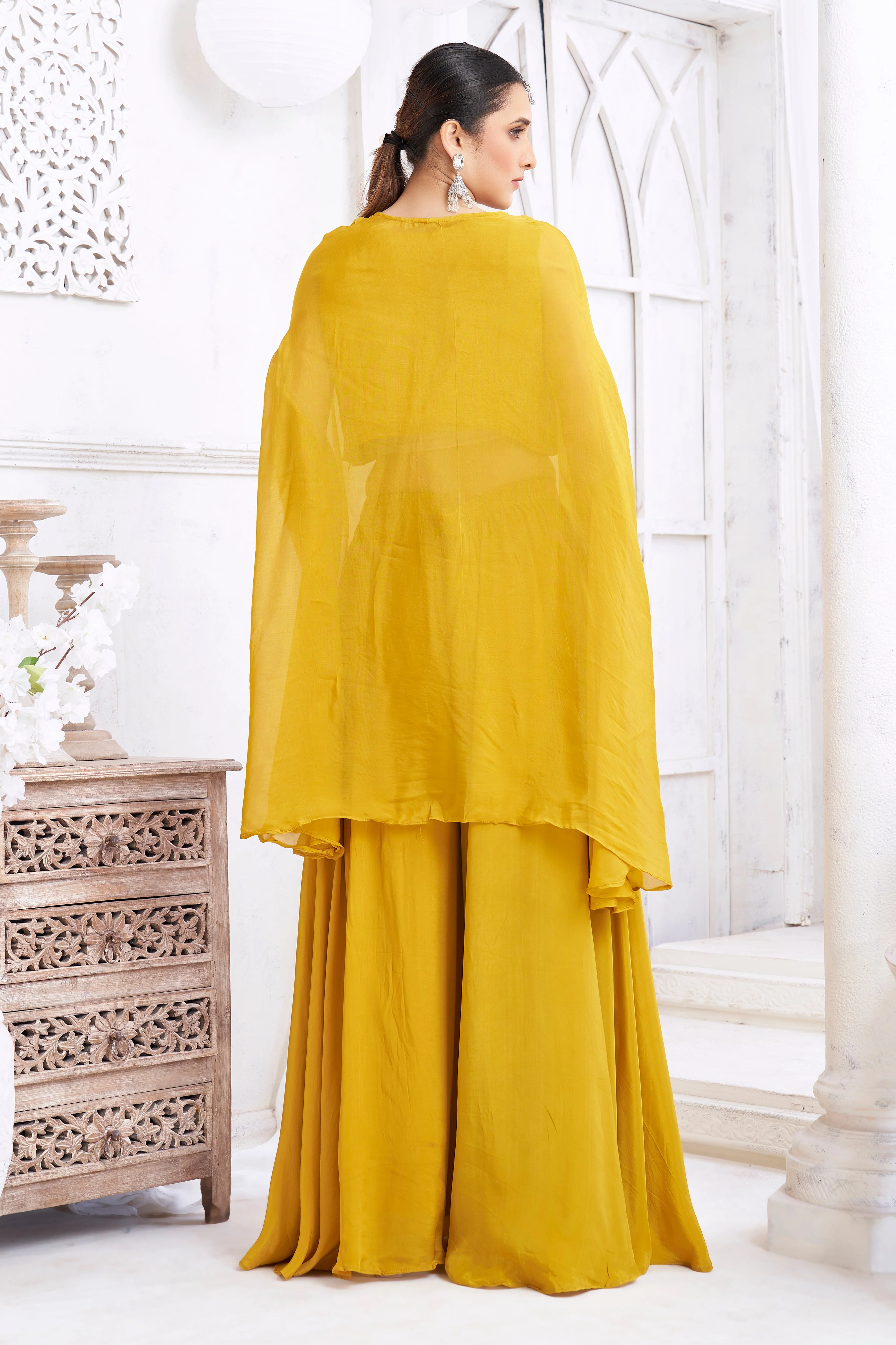 Golden Yellow Embellished Crepe Silk Palazzo Set - Image 4